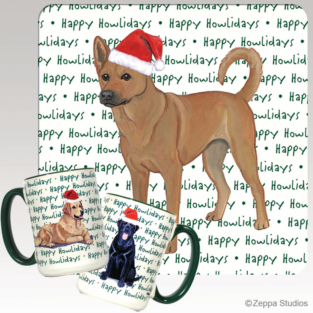Carolina Dog in a Santa hat on "happy howlidays" text background design for wrap mugs.