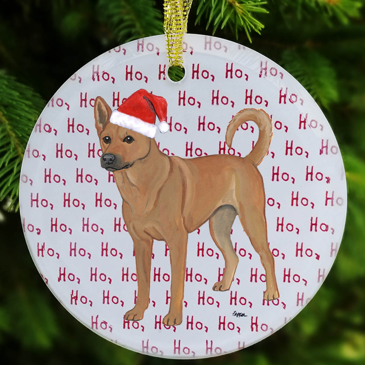 Carolina Dog in a Santa hat on "ho ho ho" text background design for glass Christmas ornaments.