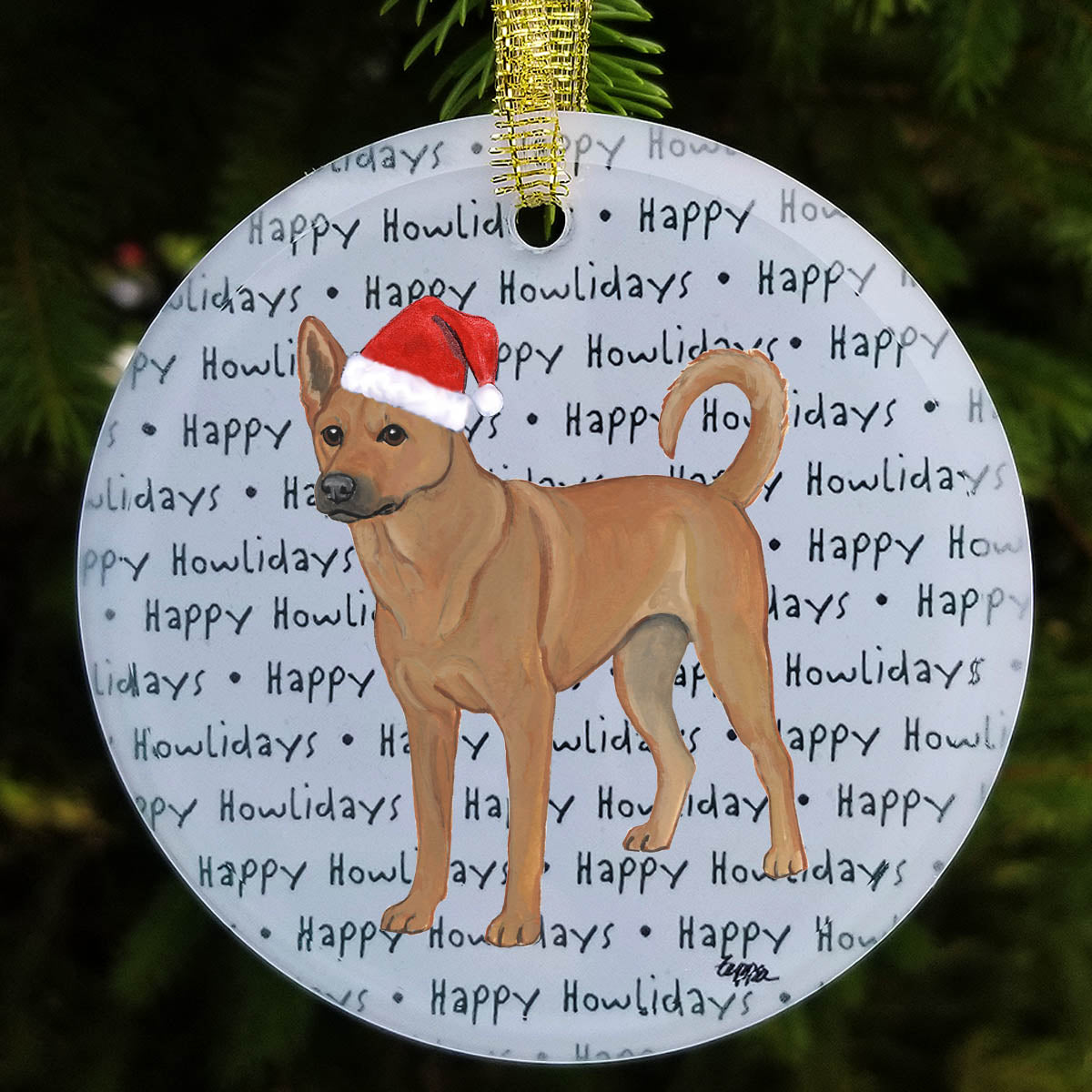 Carolina Dog in a Santa hat on "happy howlidays" text background design for glass Christmas ornaments.