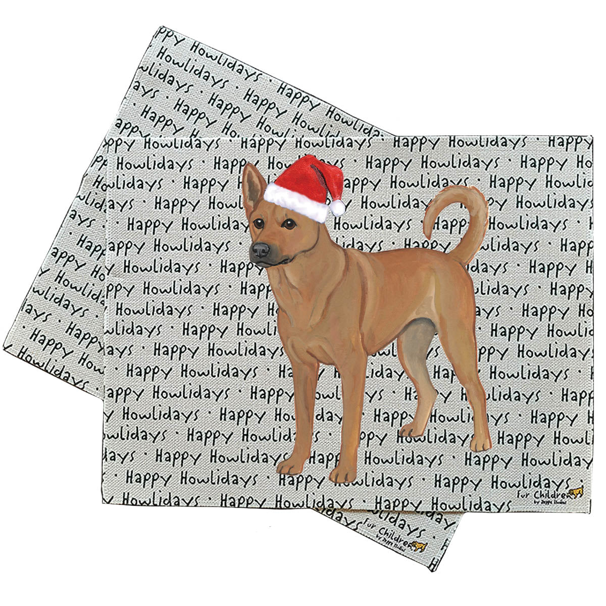 Carolina Dog wearing a Santa hat on a 'Happy Howlidays' background linen placemat