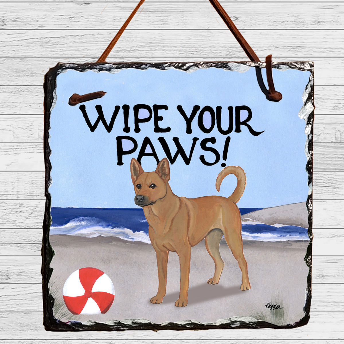 Carolina dog on the beach "wipe your paws" slate sign