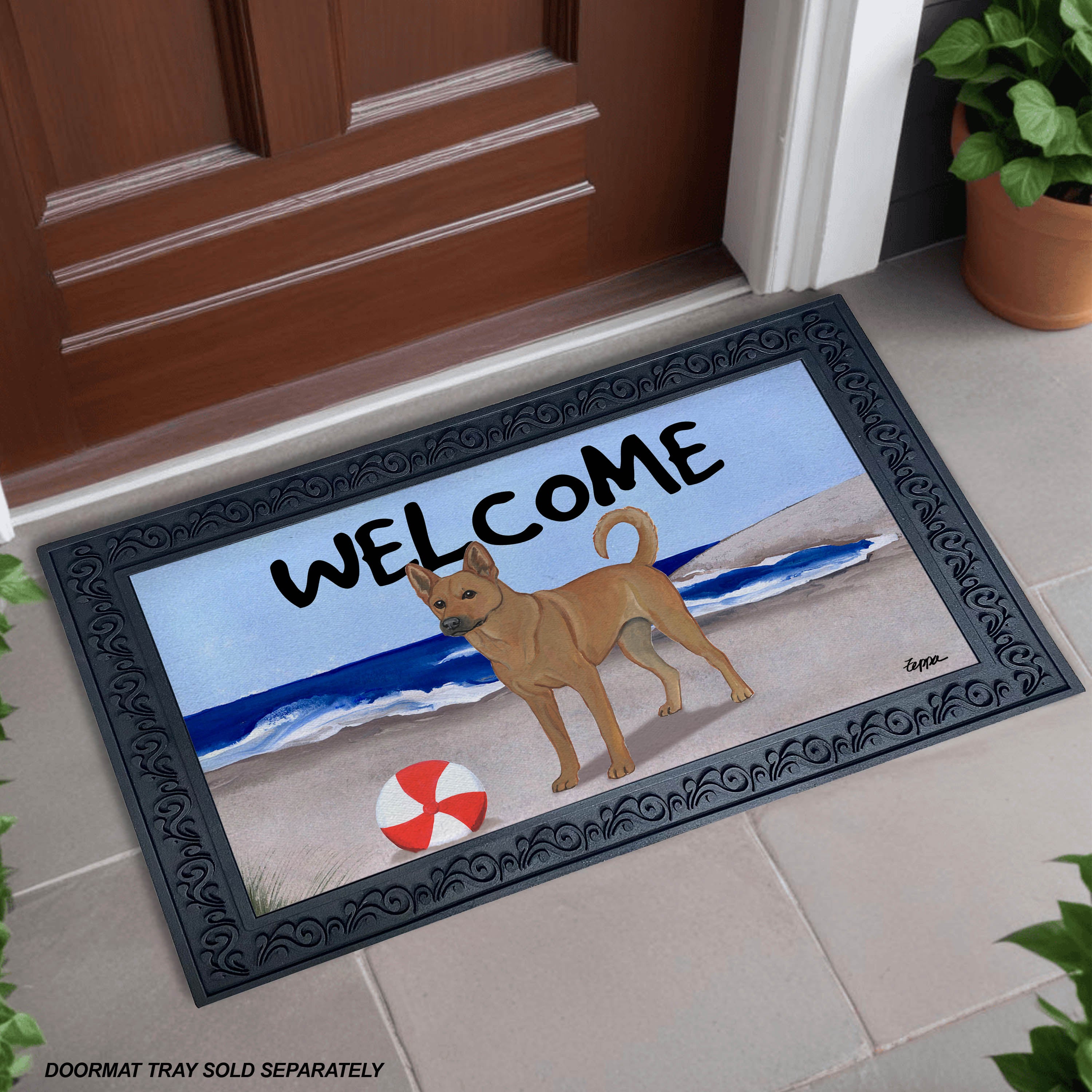 Carolina Dog on a beach welcome mat.