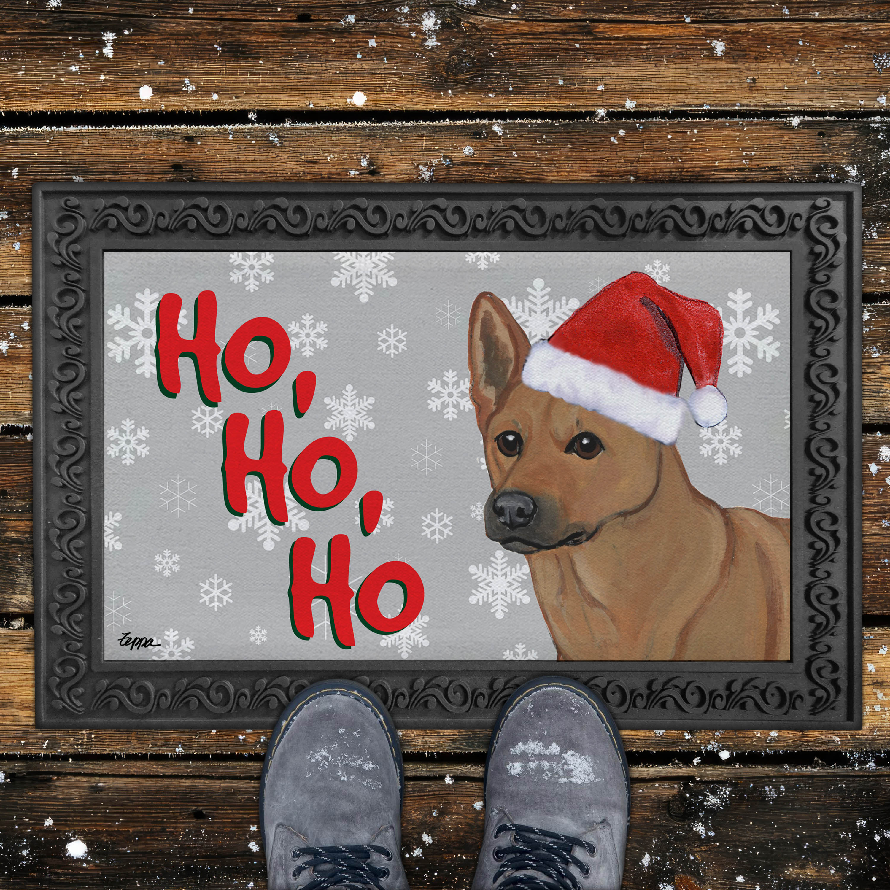 Door Mat with a Carolina dog wearing a Santa hat and 'Ho, Ho, Ho' text on a grey background with snowflakes.