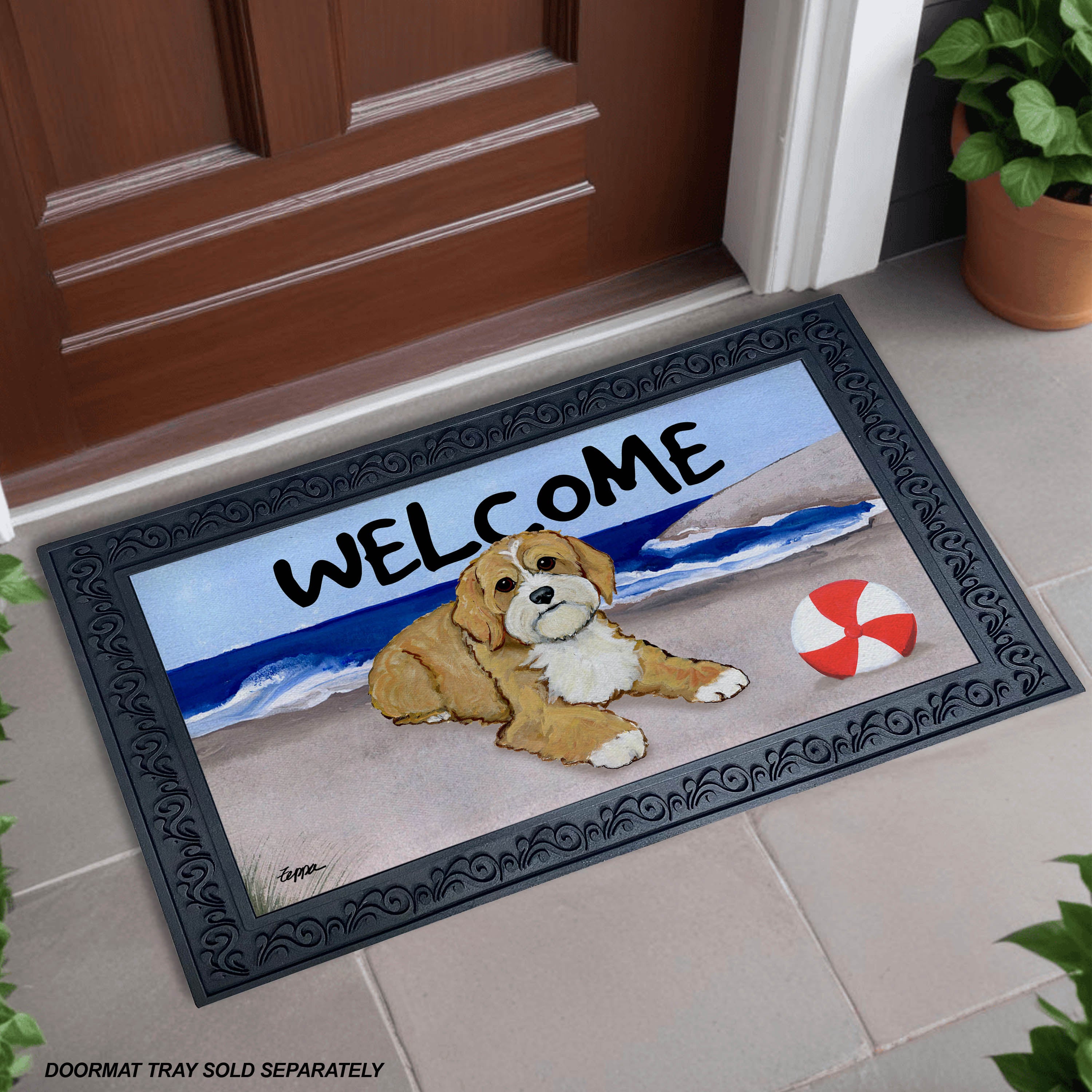 Cavapoo Beach Scene Welcome Mat