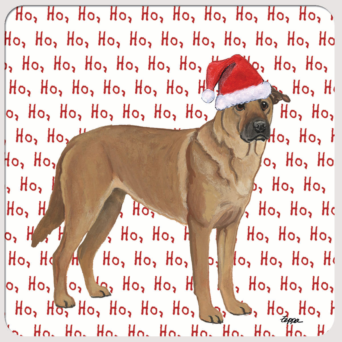 Holiday coasters with a Chinook in a Santa hat on a happy howlidays background