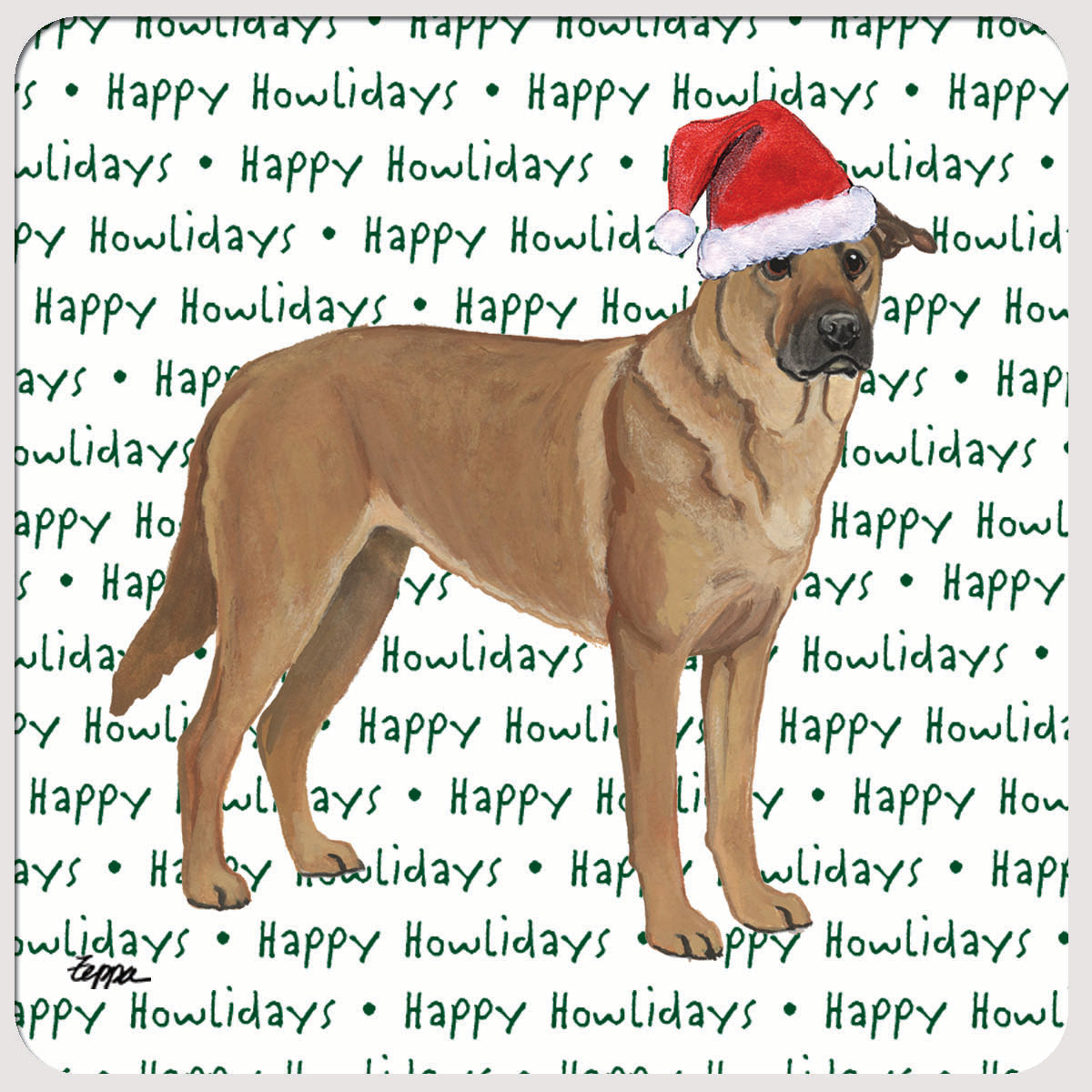 Holiday coasters with a Chinook in a Santa hat on a happy howlidays background