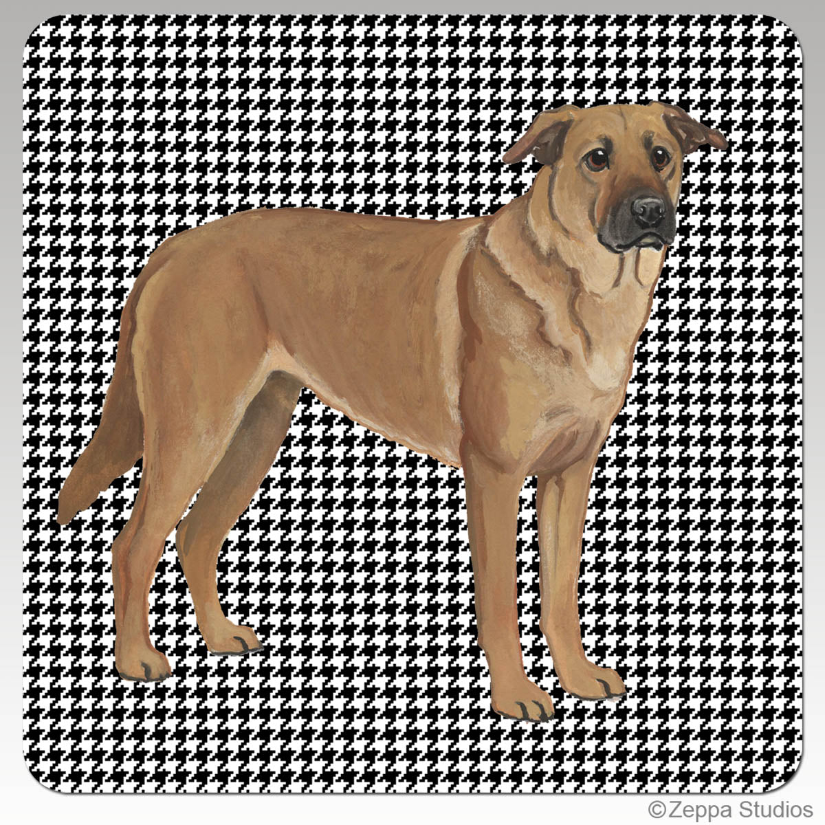 Houndstooth background beverage coaster with a Chinook design.