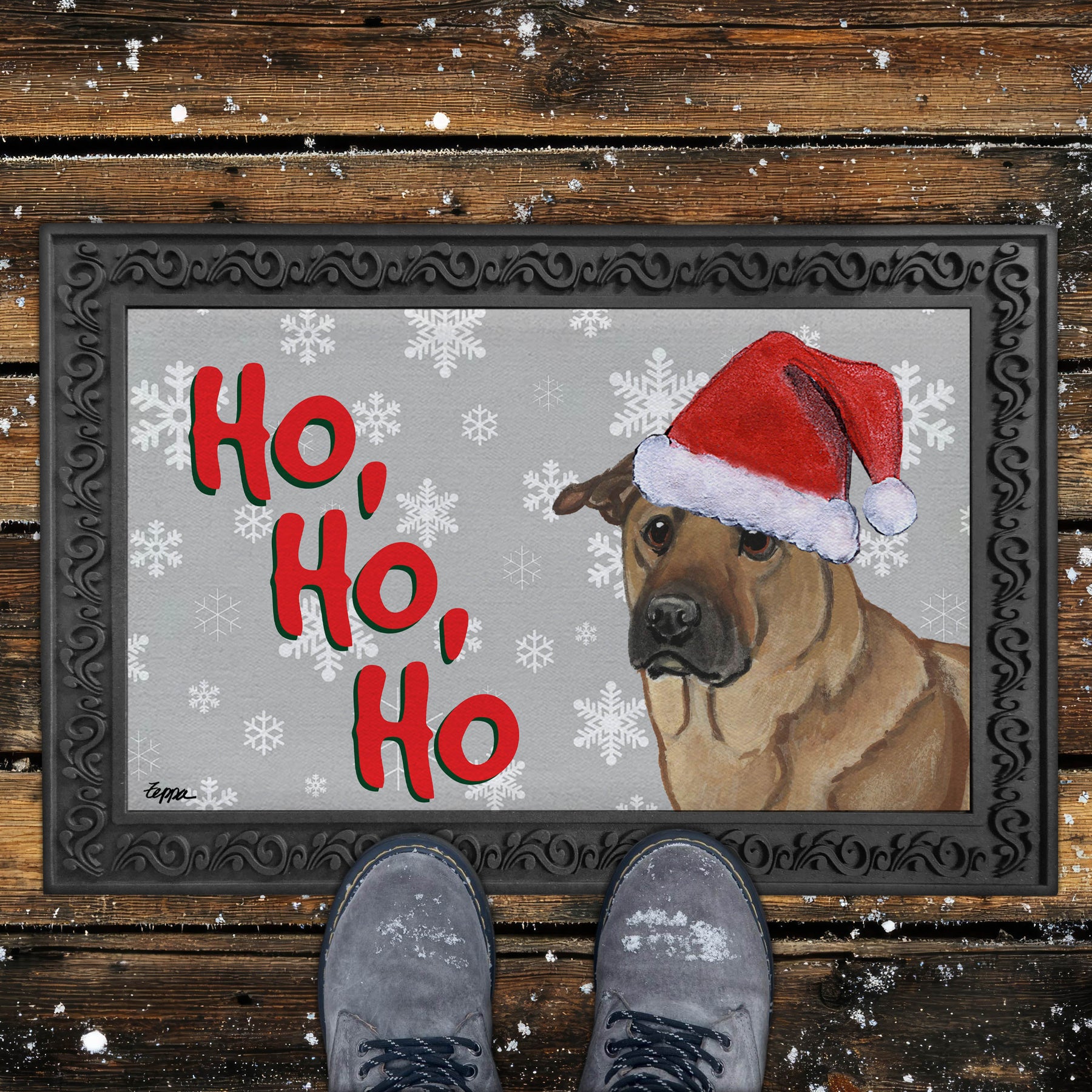 Holiday doormat with a Chinook in a Santa hat on a grey snowflake background