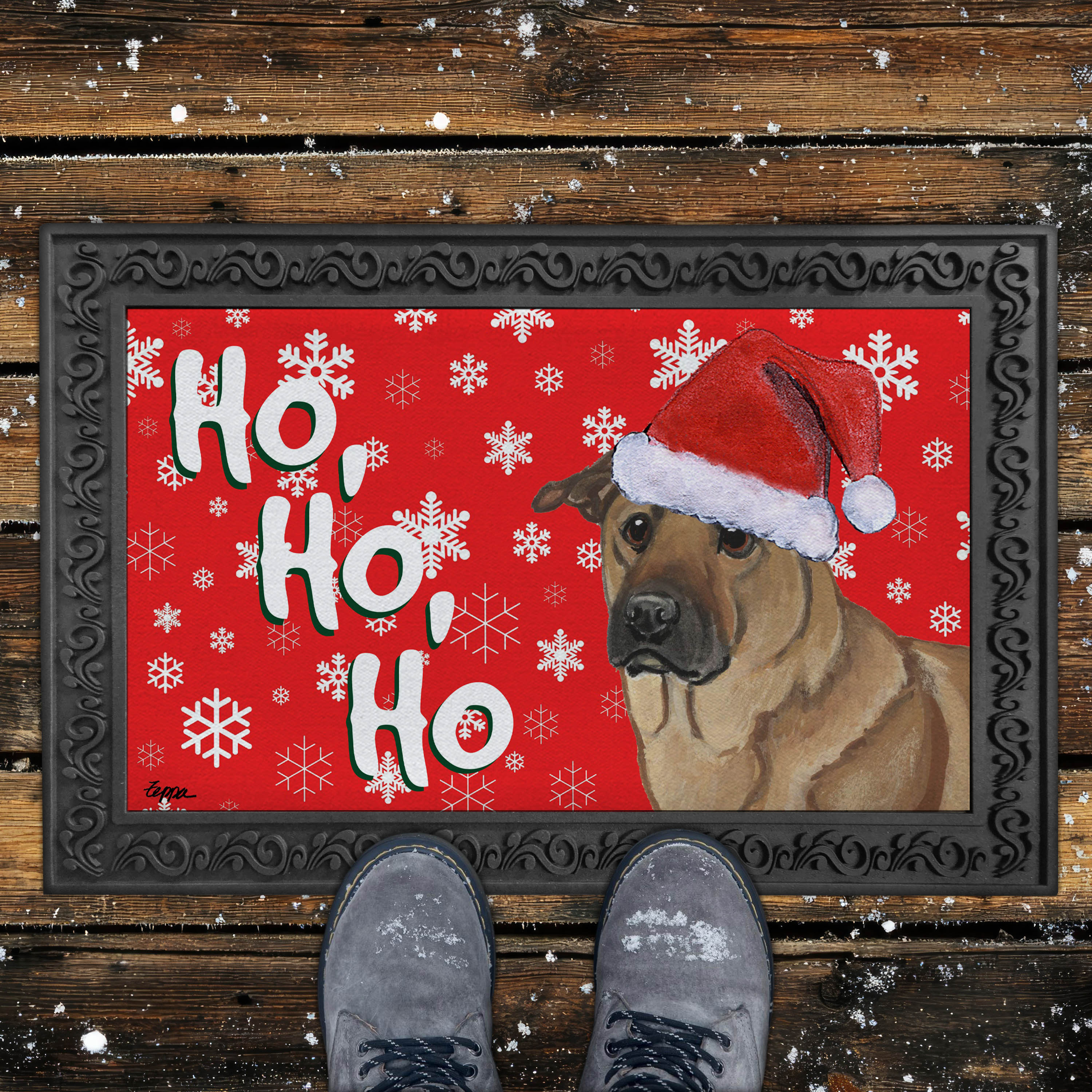 Holiday doormat with a Chinook in a Santa hat on a red snowflake background