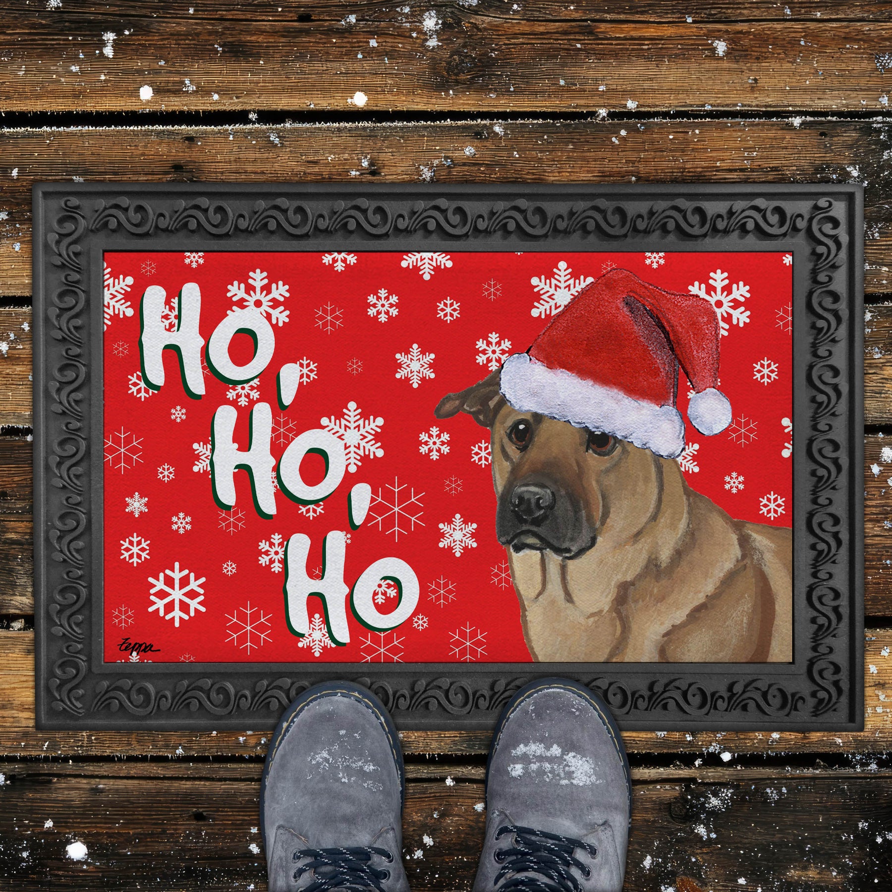 Holiday doormat with a Chinook in a Santa hat on a red snowflake background