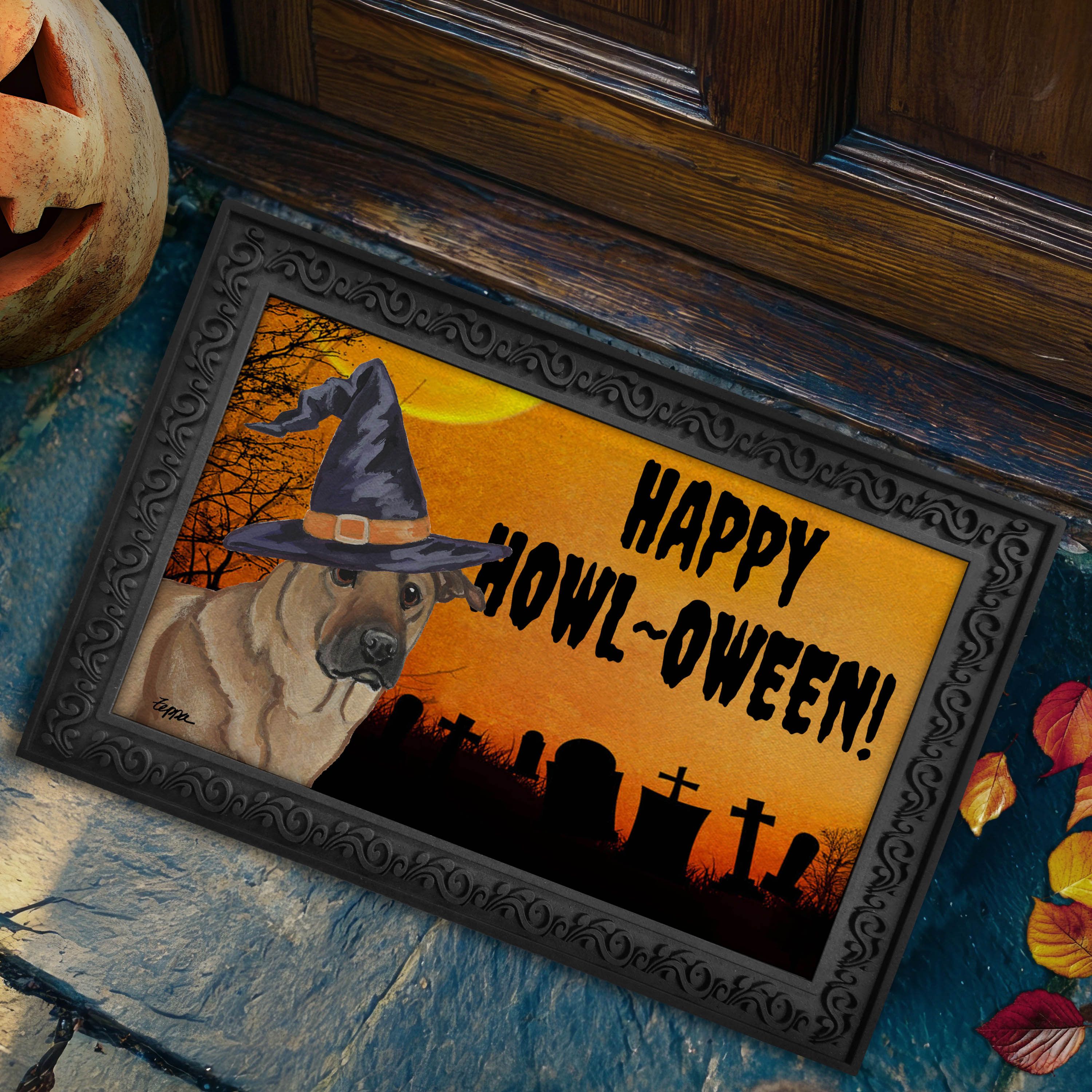 Halloween doormat with a Chinook in a witch's hat in a spooky scene.