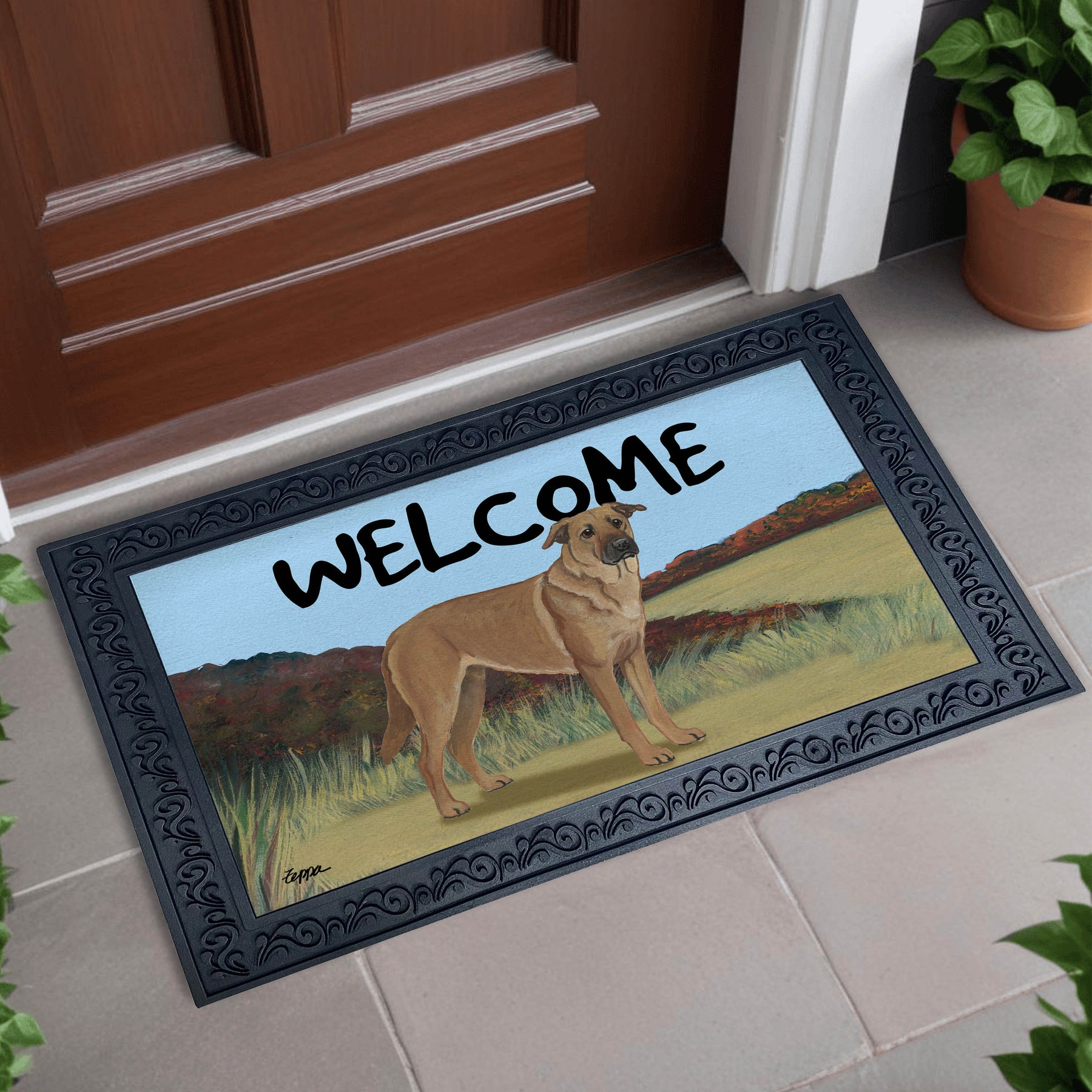 Welcome doormat with a Chinook on a scenic background