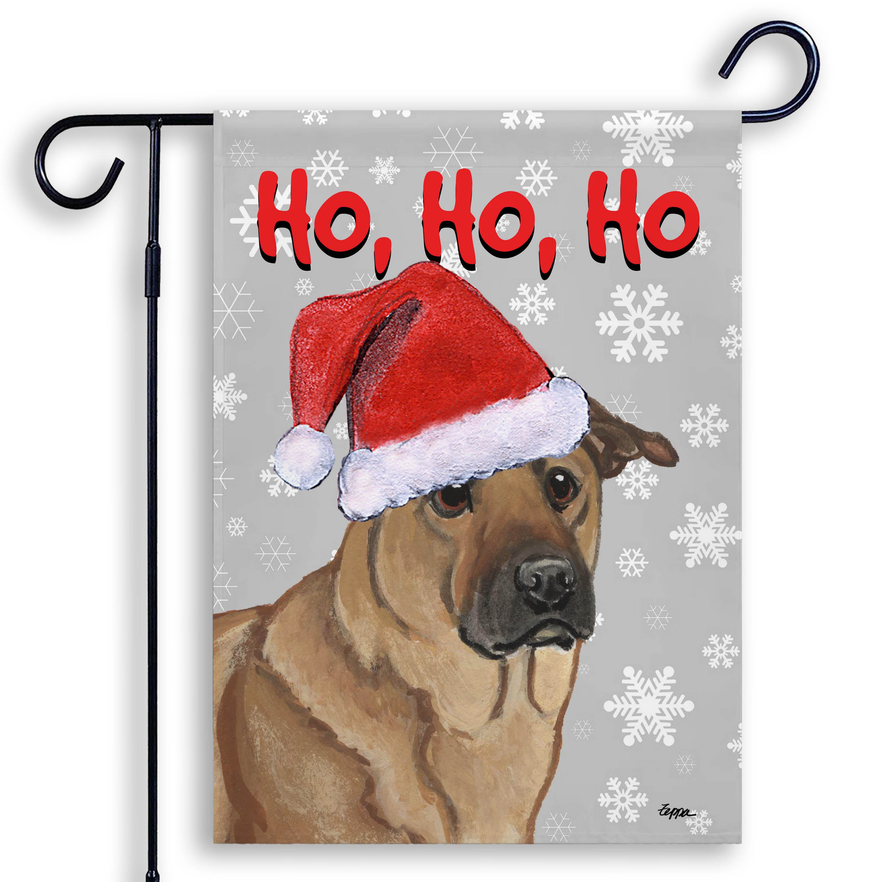 Holiday garden flag with a Chinook in a Santa hat on a grey snowflake background