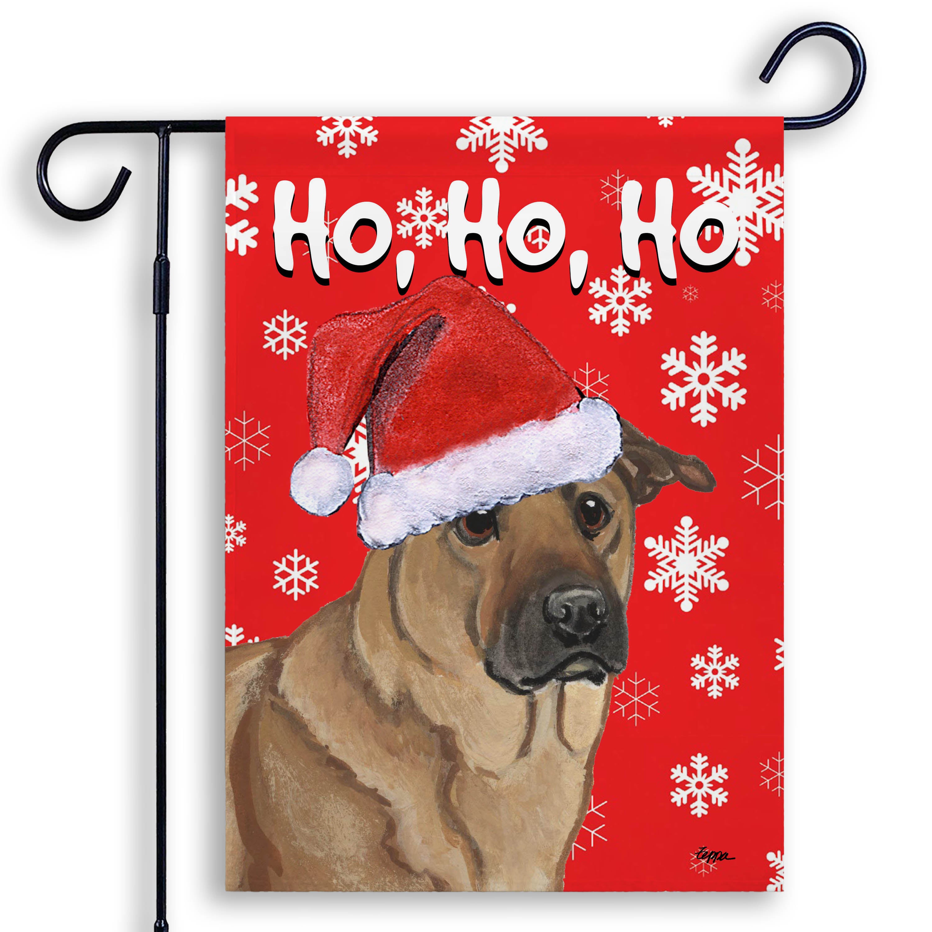 Holiday garden flag with a Chinook in a Santa hat on a red snowflake background