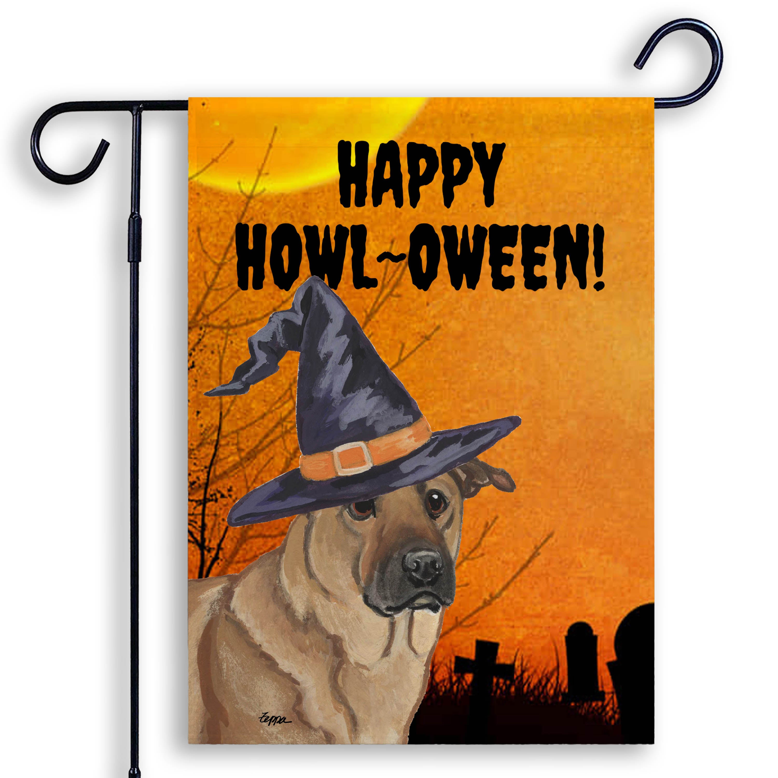 Halloween garden flag with a Chinook in a witch's hat in a spooky scene.