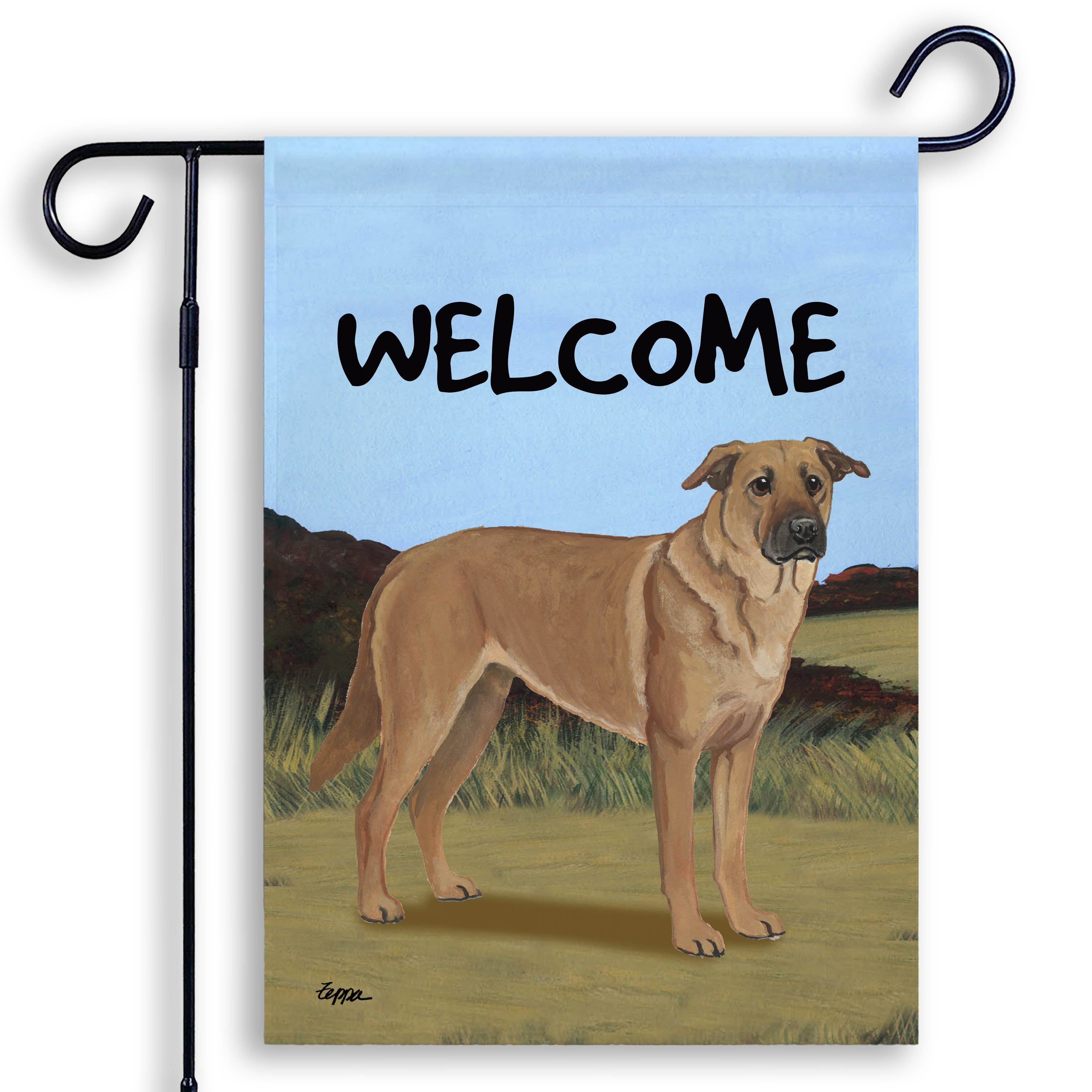 Welcome garden flag with a Chinook on a scenic background
