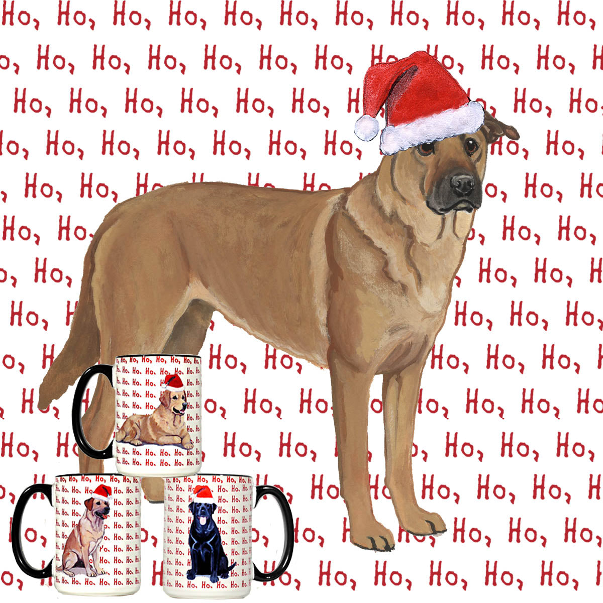 Holiday ornament with a Chinook in a Santa hat on a ho ho ho background