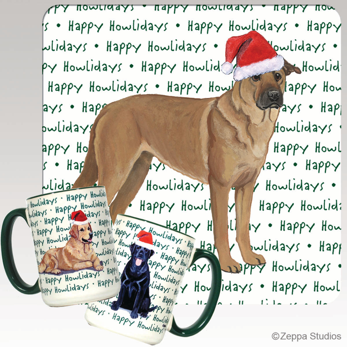 Holiday mug with a Chinook in a Santa hat on a happy howlidays background