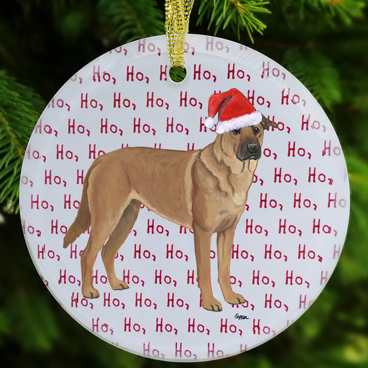 Holiday ornament with a Chinook in a Santa hat on a ho ho ho background