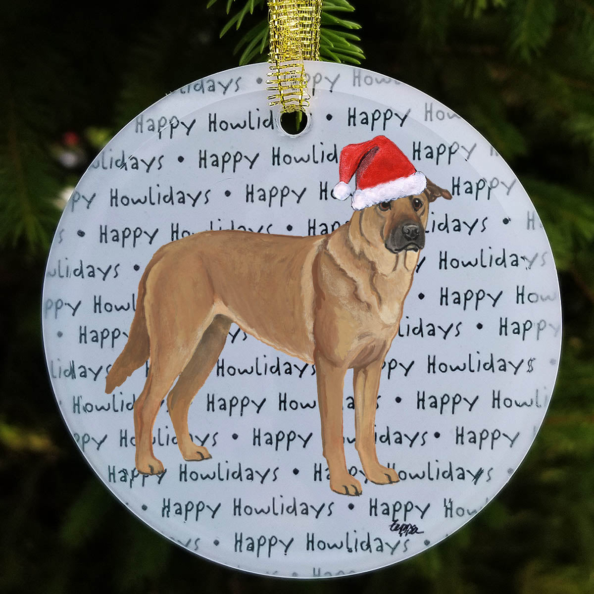 Holiday ornament with a Chinook in a Santa hat on a happy howlidays background