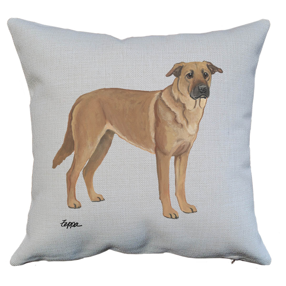 Linen throw pillow with a Chinook dog design.