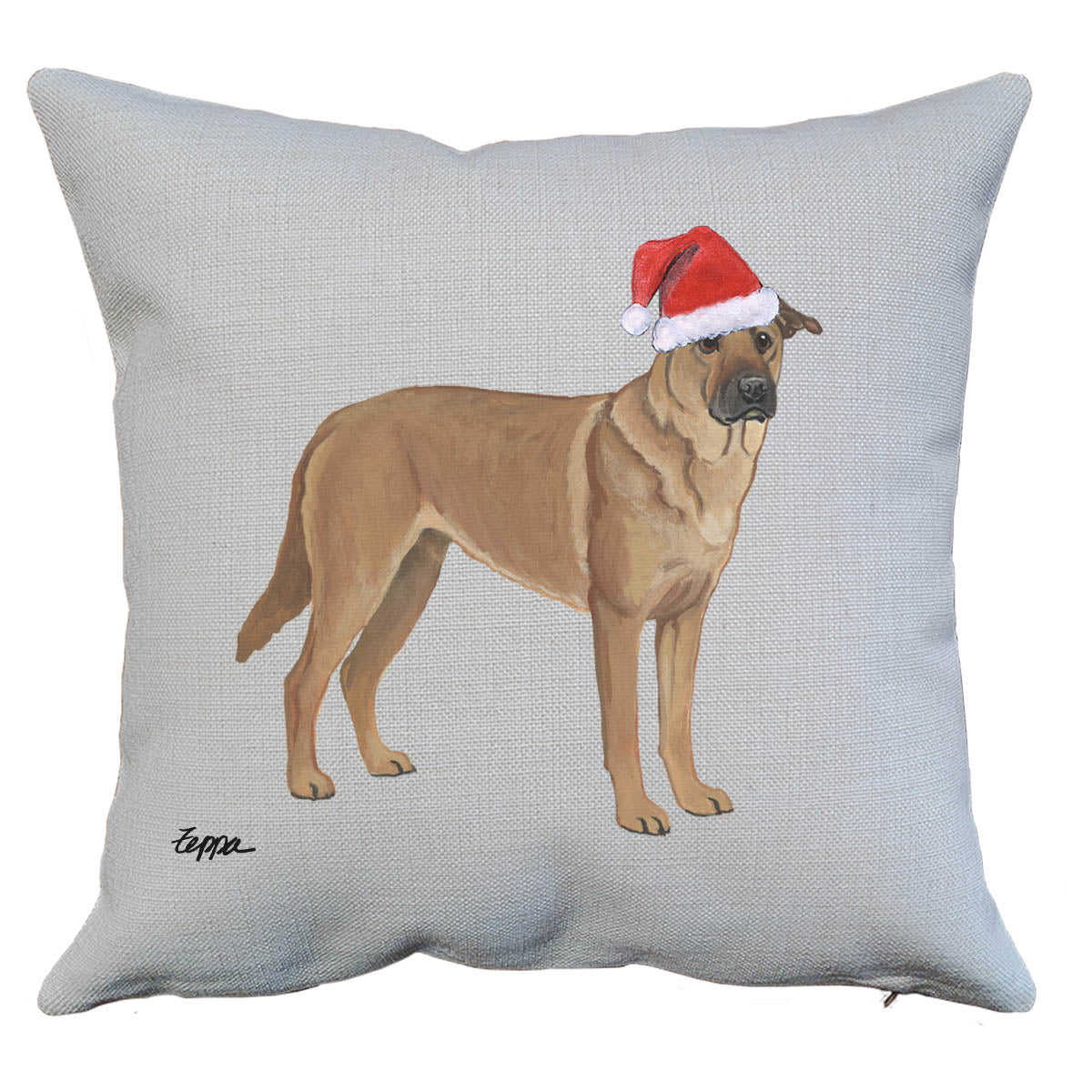 Holiday throw pillow with a Chinook in a Santa hat.