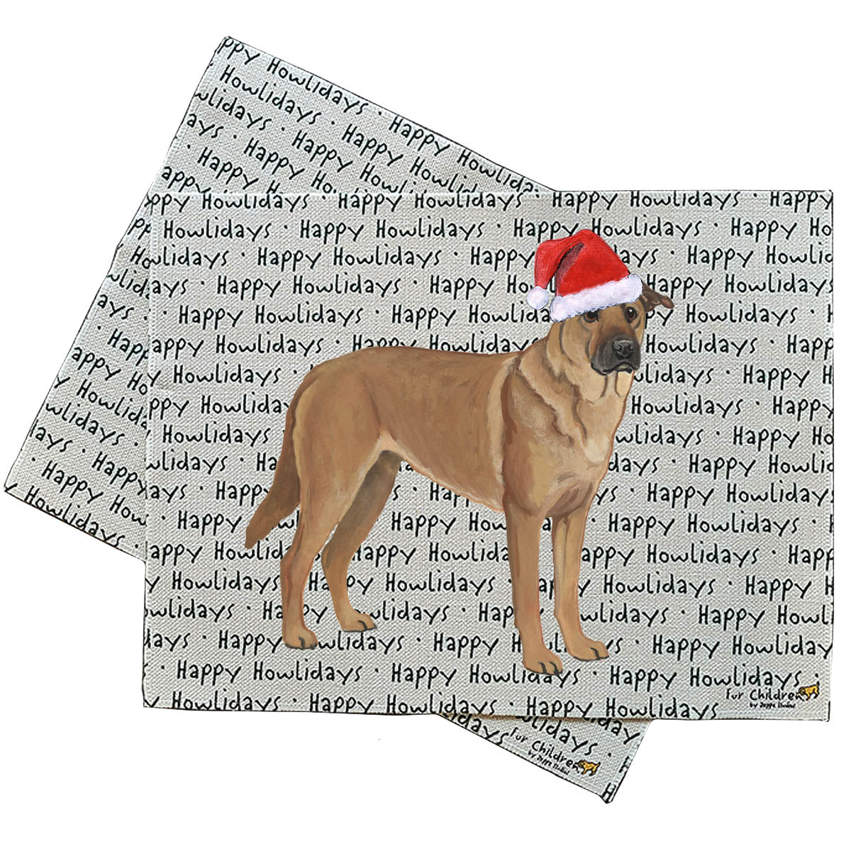 Holiday placemats with a Chinook in a Santa hat on a happy howlidays background