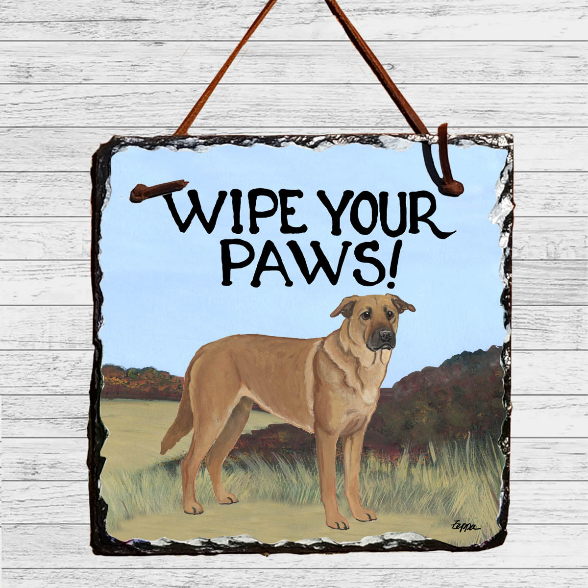 Slate Wipe Your Paws hanging tile with a Chinook on a scenicbackground