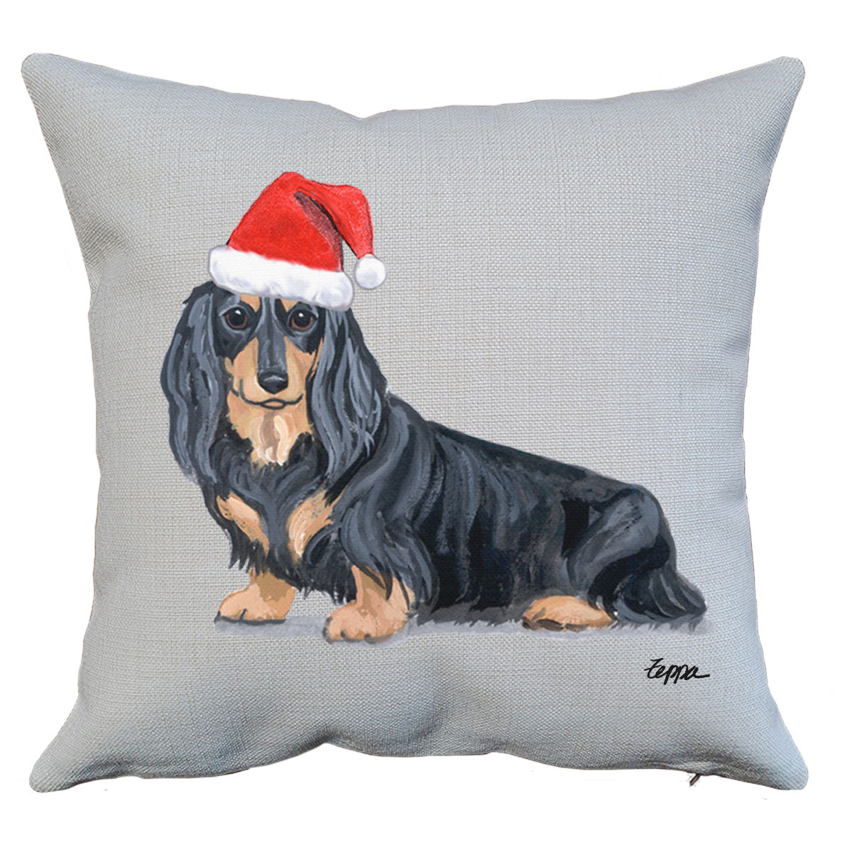 Black and Tan Longhaired Dachshund Santa Pillow