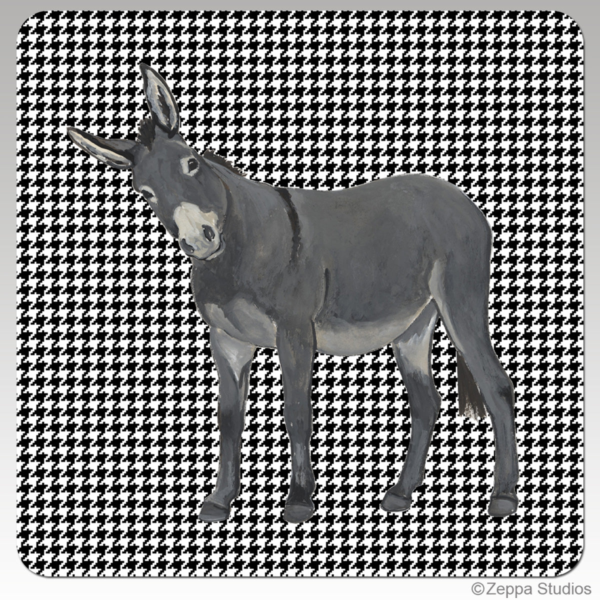 A square coaster featuring a gray watercolor-style donkey standing in front of a black-and-white houndstooth pattern background.