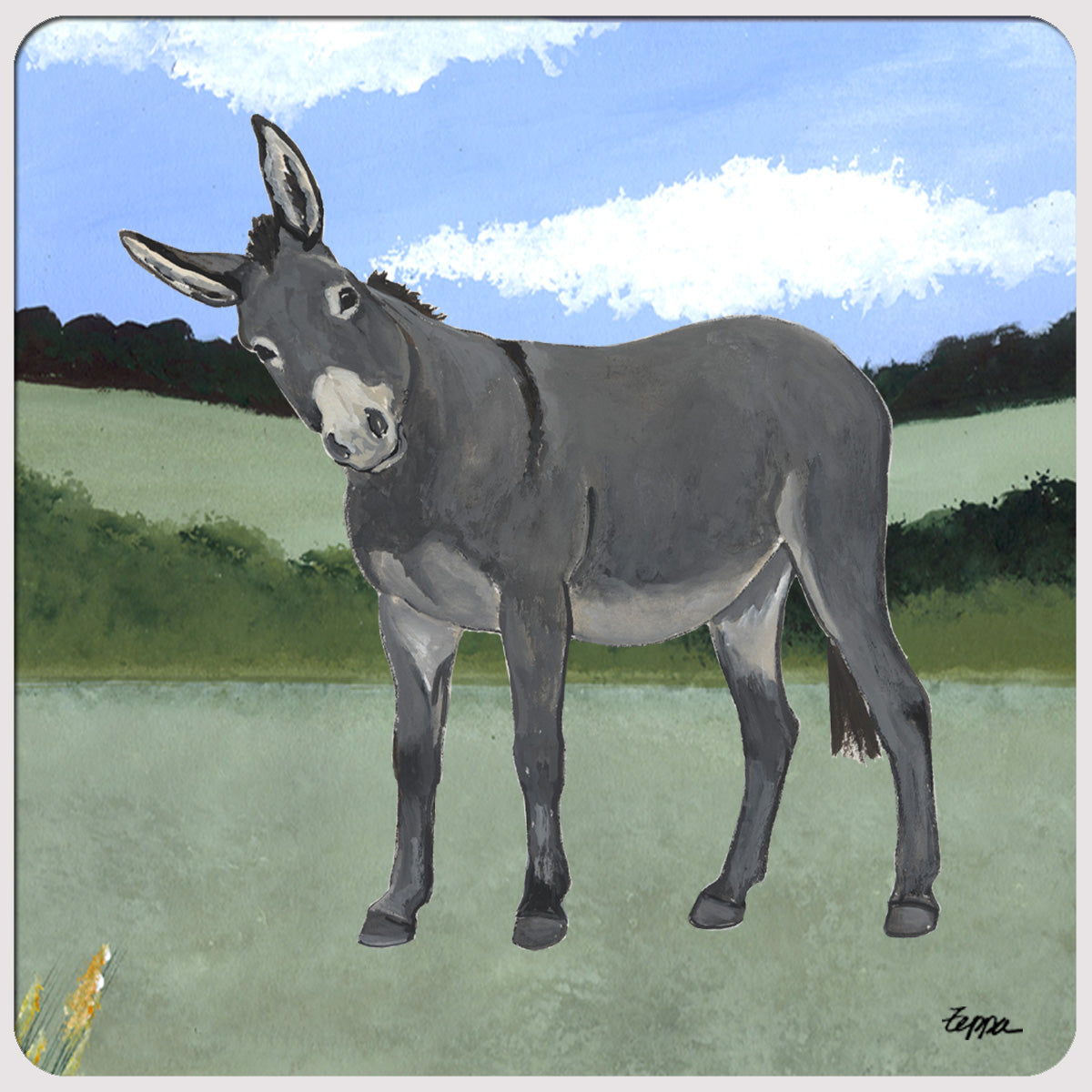 A square coaster featuring a painted gray donkey standing in a grassy field.