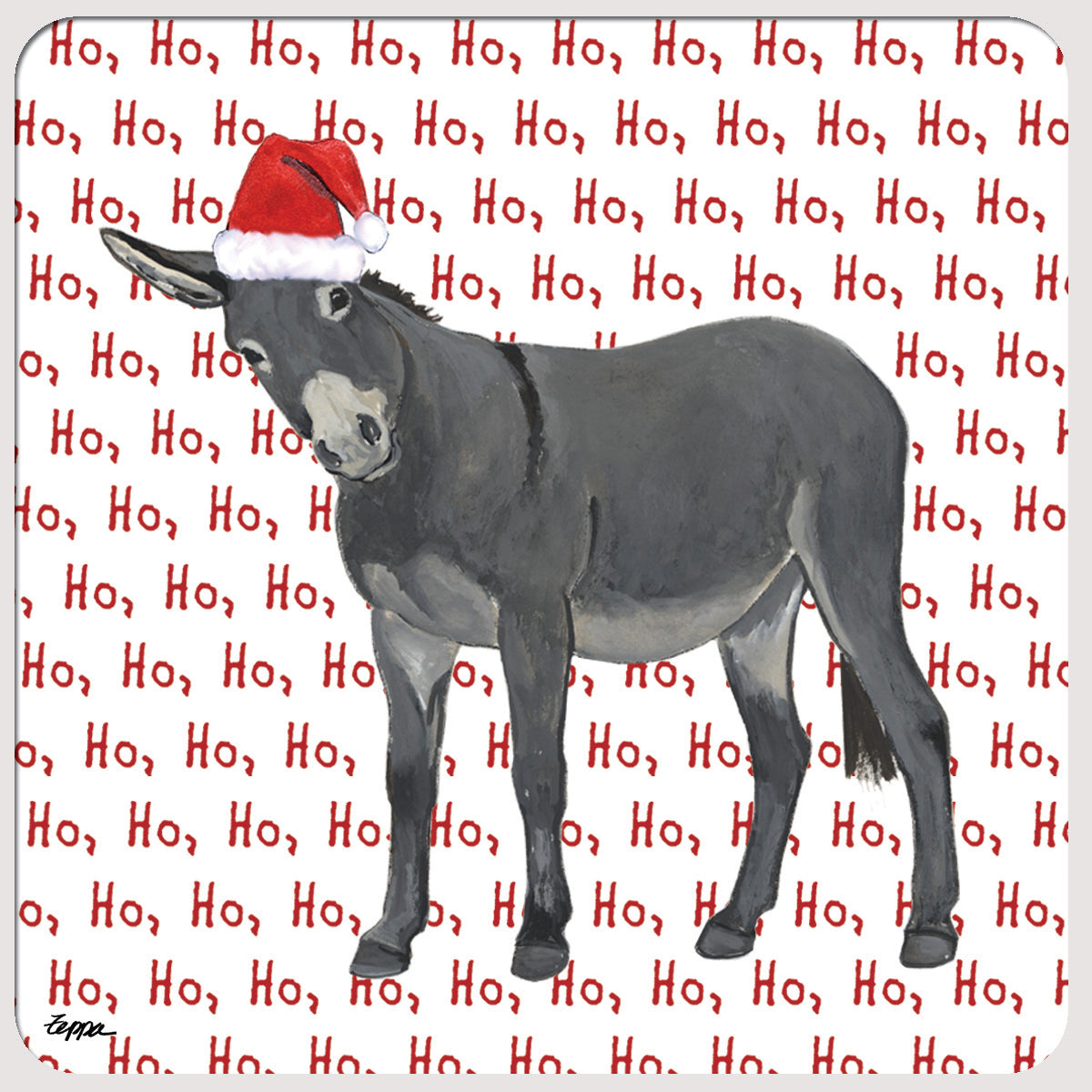 A square white coaster with repeating Ho Ho Ho text background and a Donkey in a Santa Hat.