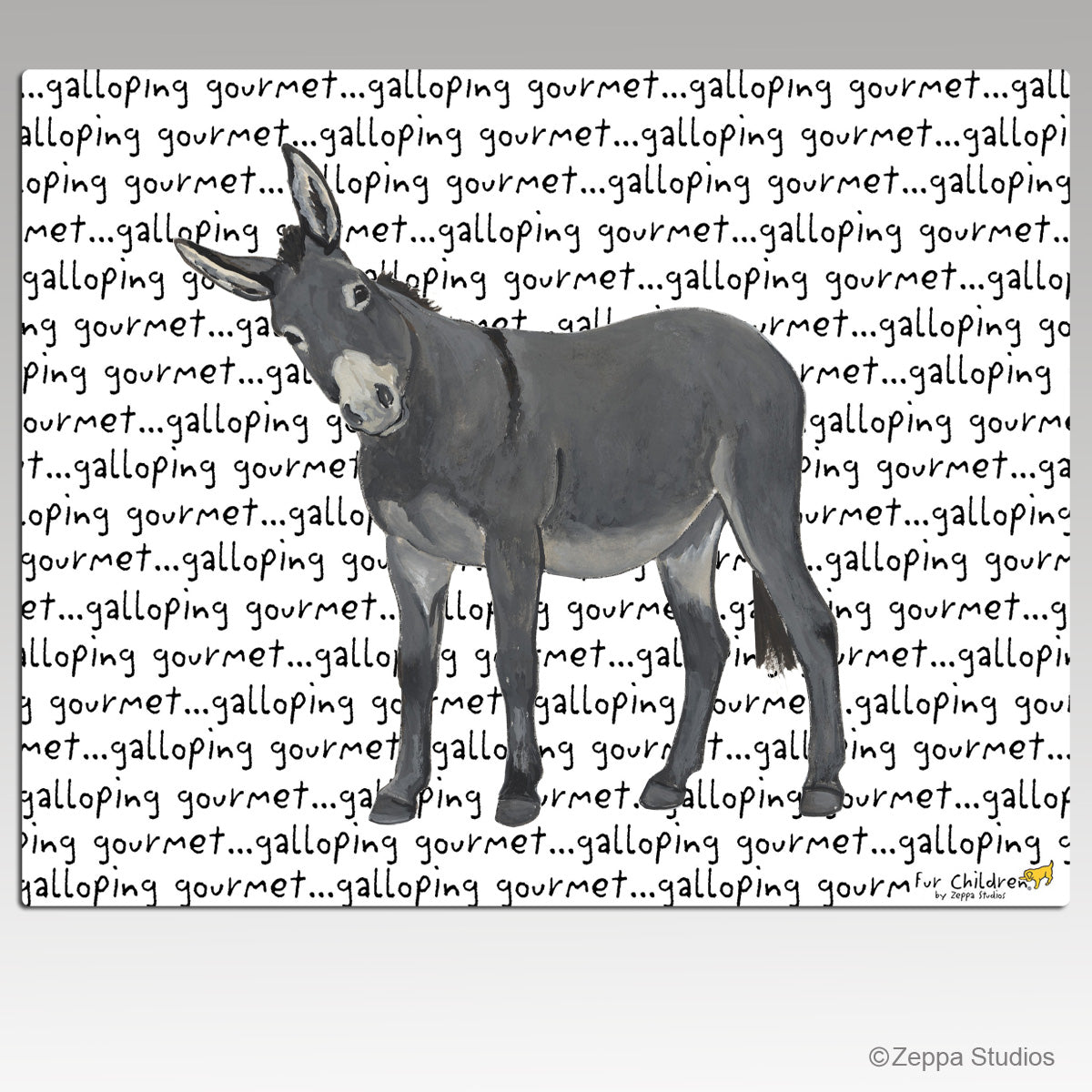 An illustration of a gray donkey on a tempered glass cutting board with a white background and black repeating  'galloping gourmet' text. 