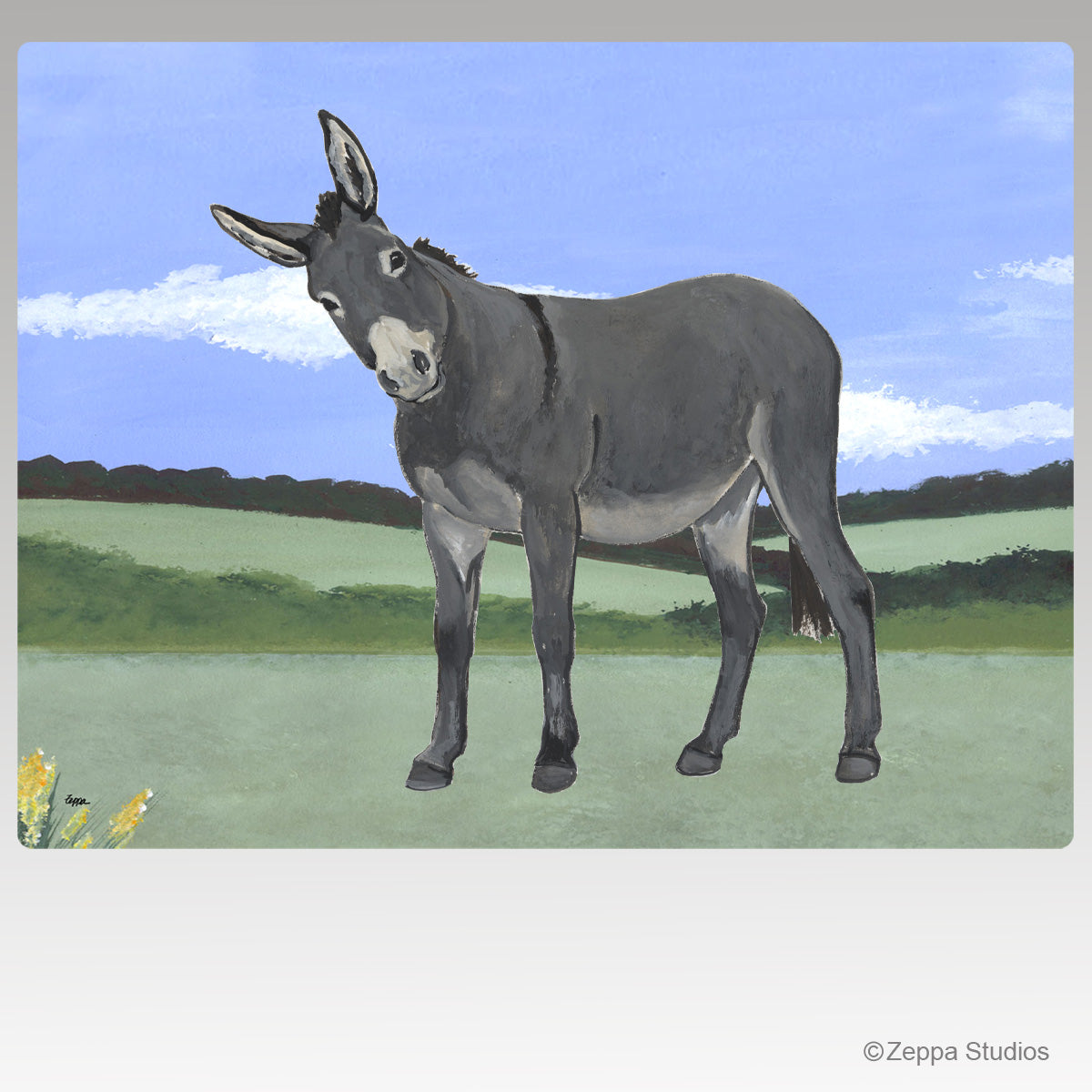A painted illustration of a gray donkey standing in a grassy field on a 12x15 inch tempered glass cutting board.