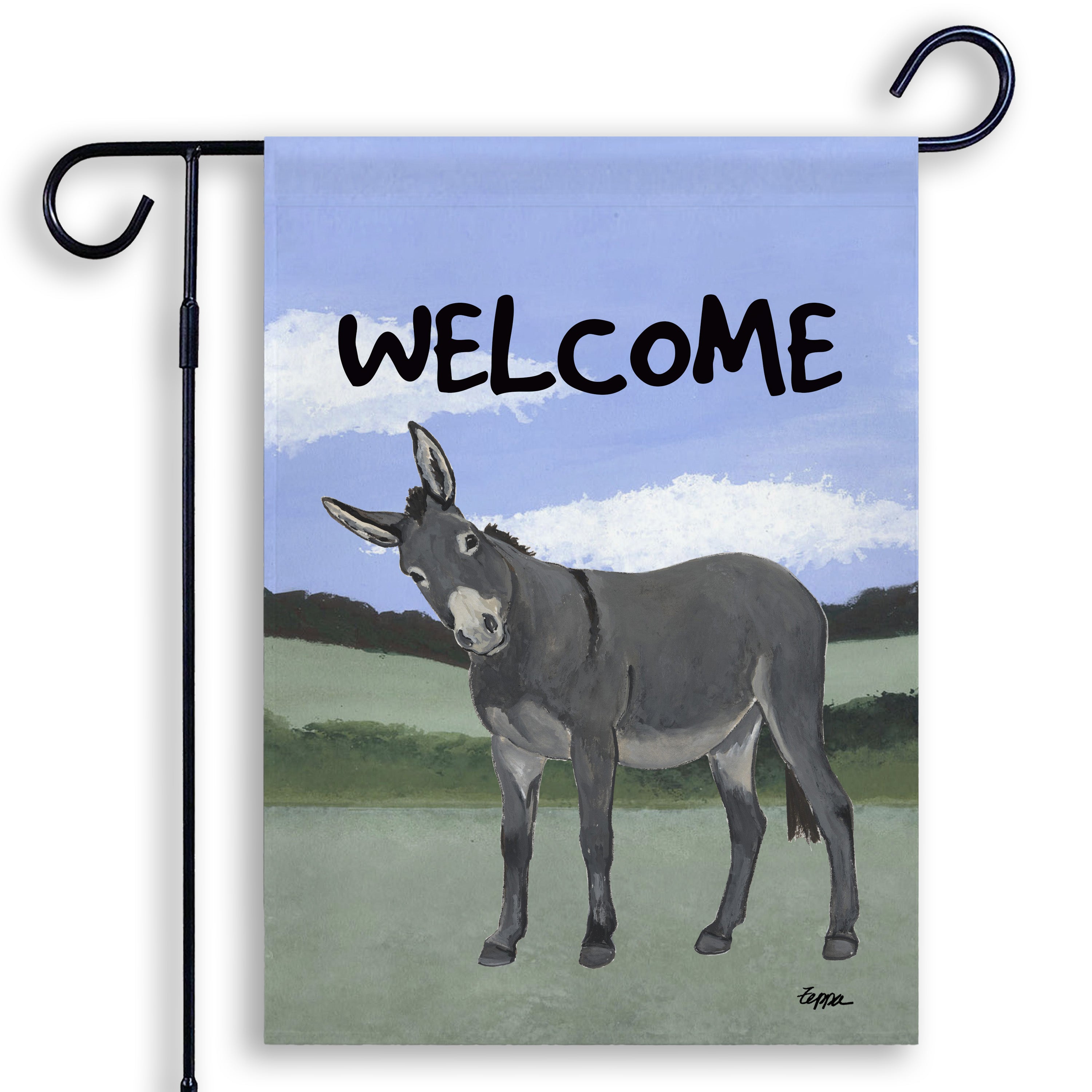 Donkey in a field Welcome garden flag hanging on a metal stand.