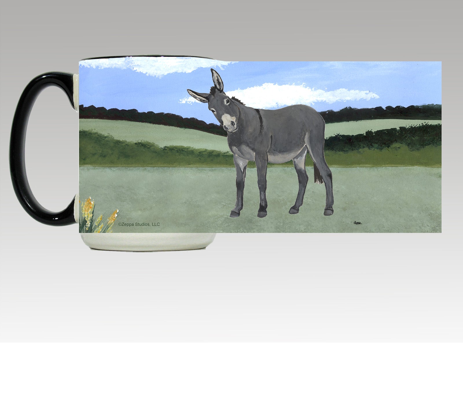 Donkey in a field ceramic wrap mug design.