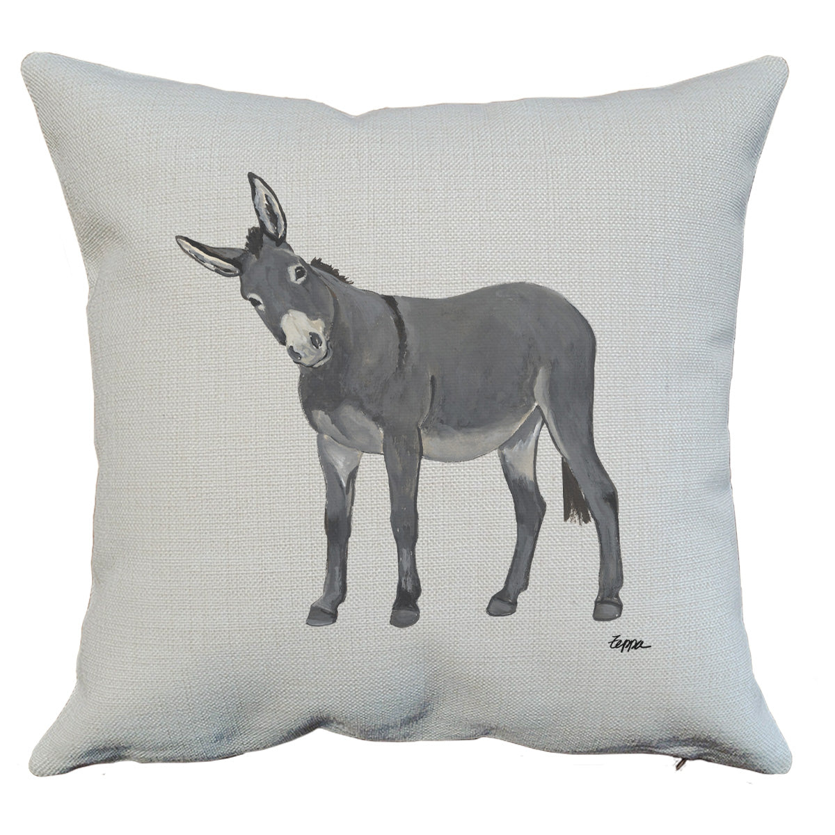 A square throw pillow in a linen-textured fabric, featuring an illustration of a gray donkey on the front.