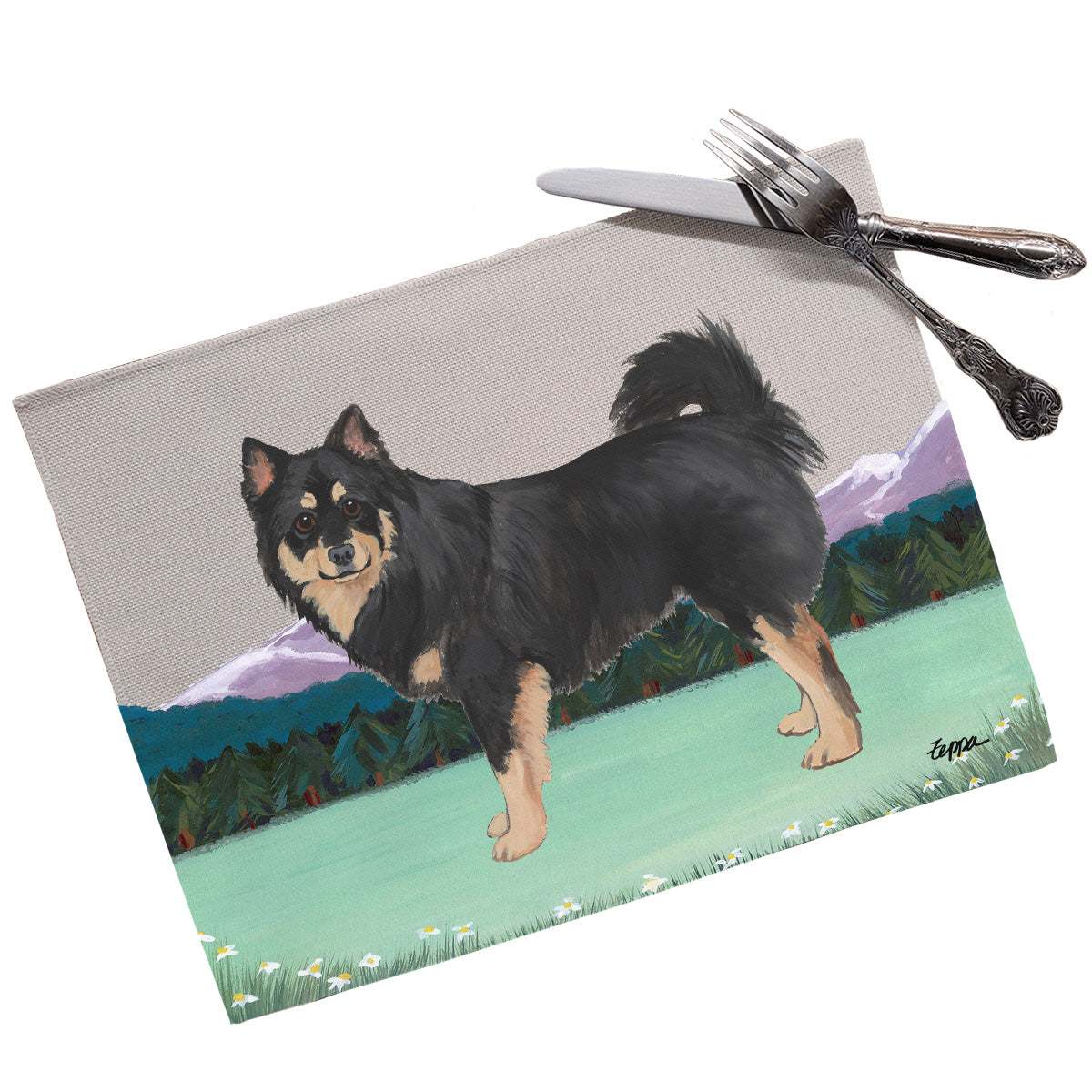 Finnish Lapphund on a linen placemat with a scenic background.