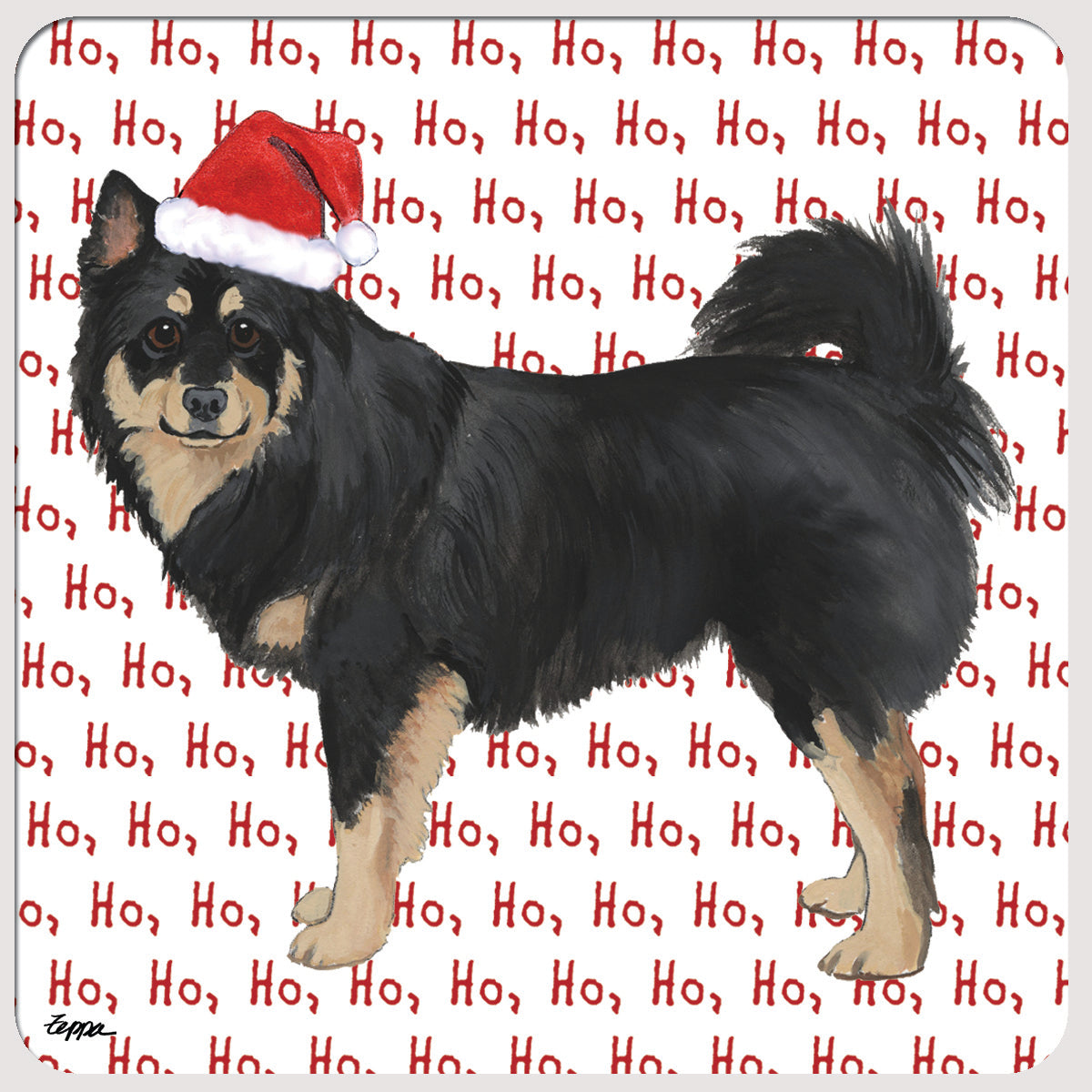 Finnish Lapphund wearing a Santa hat on a coaster with a 'Ho ho ho'  repeating text background.