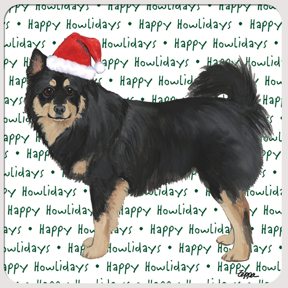 Finnish Lapphund wearing a Santa hat on a coaster with a 'Happy Howlidays'  repeating text background.