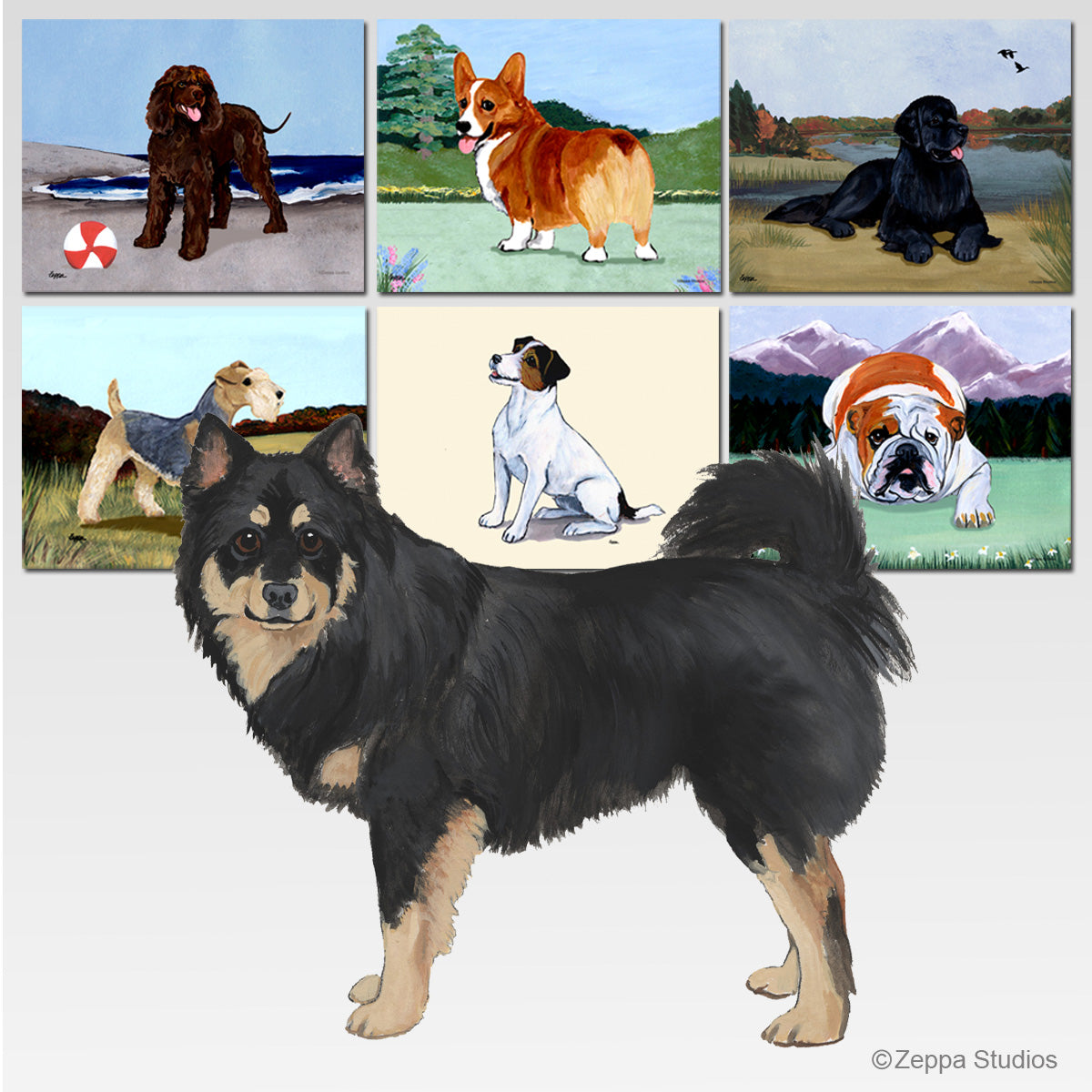 Finnish Lapphund design and 6 background options for tempered glass cuttingboards.