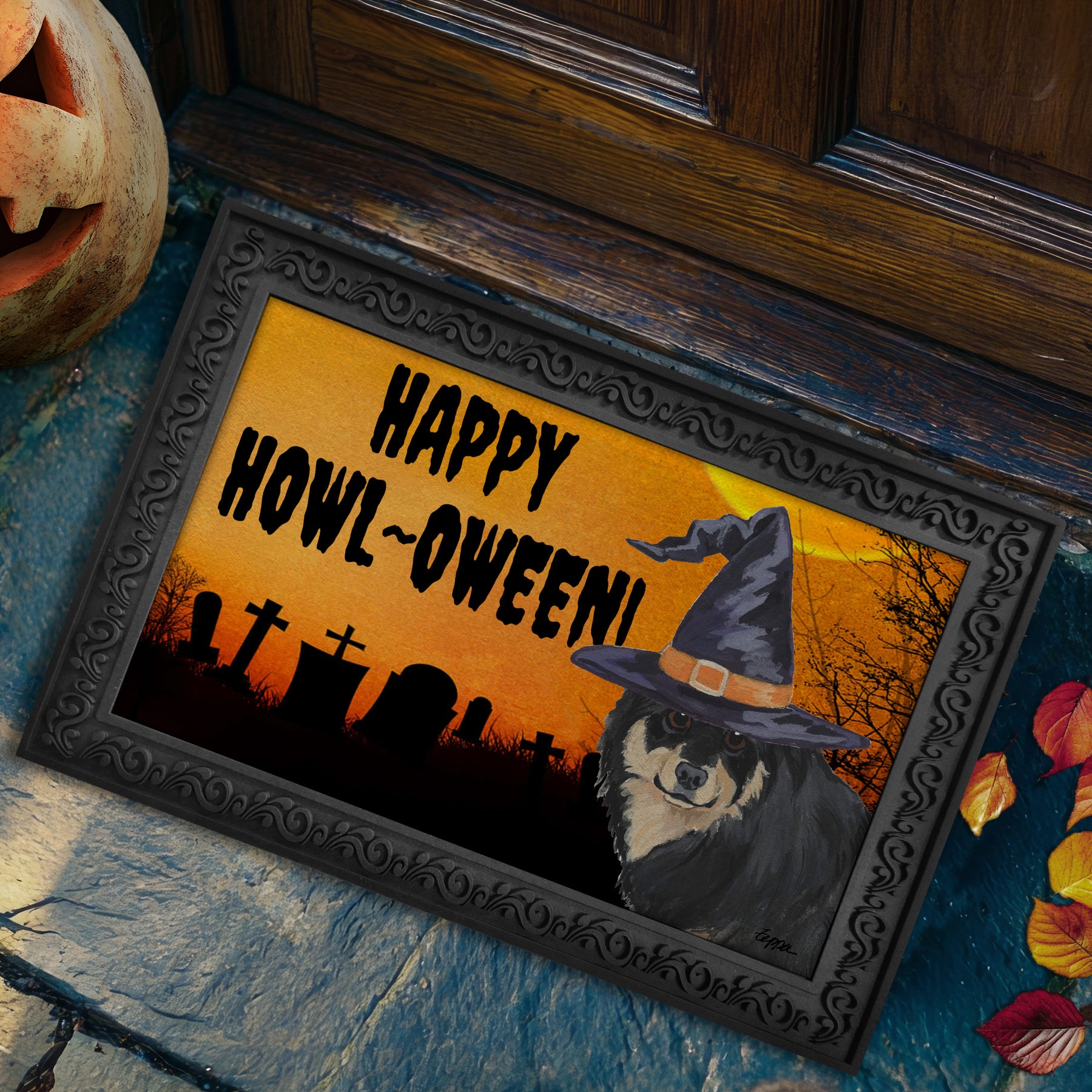 Halloween-themed doormat with a Finnish Lapphund wearing a witch hat and 'Happy Howl-Oween!' text.