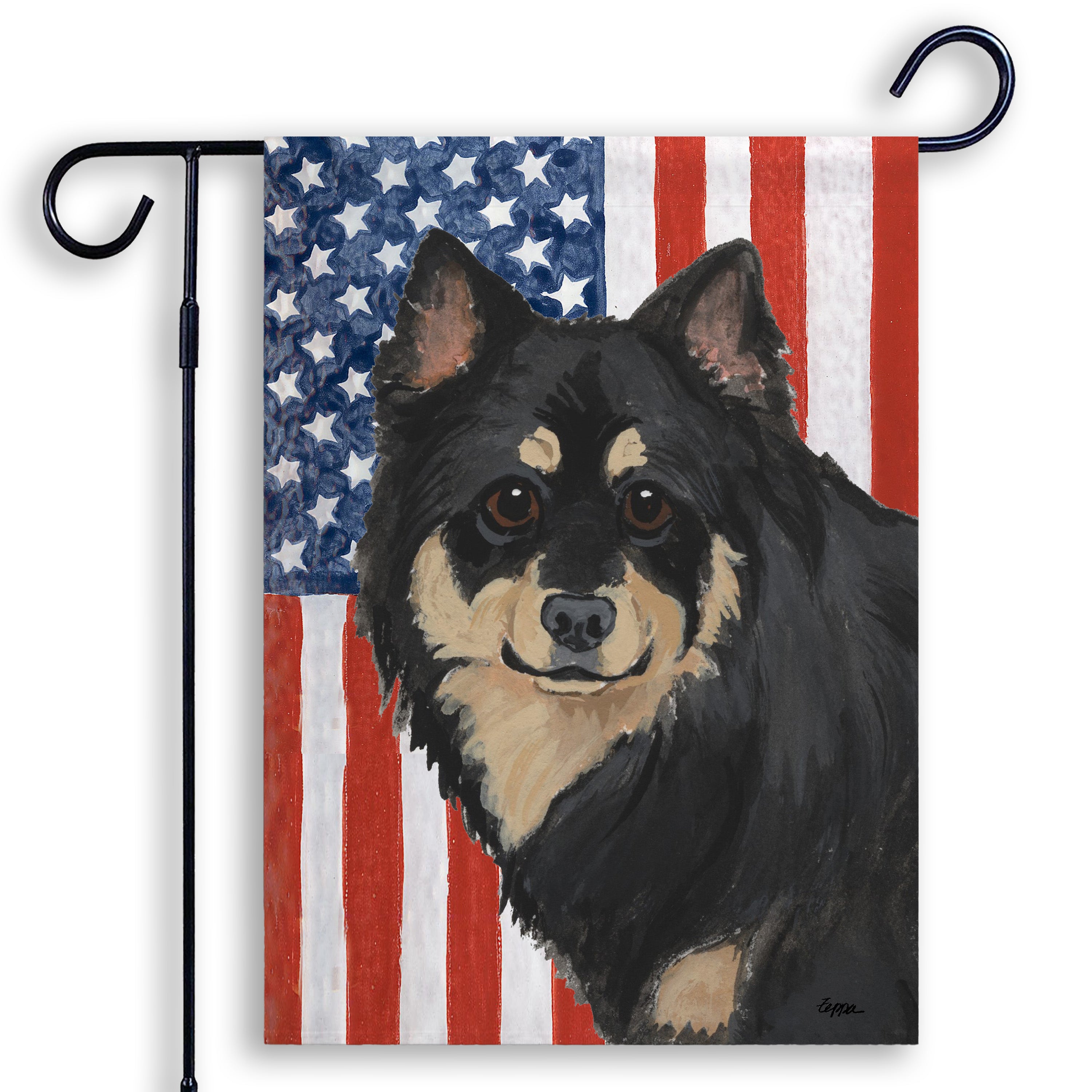 Garden flag with a Finnish Lapphund on an American flag background