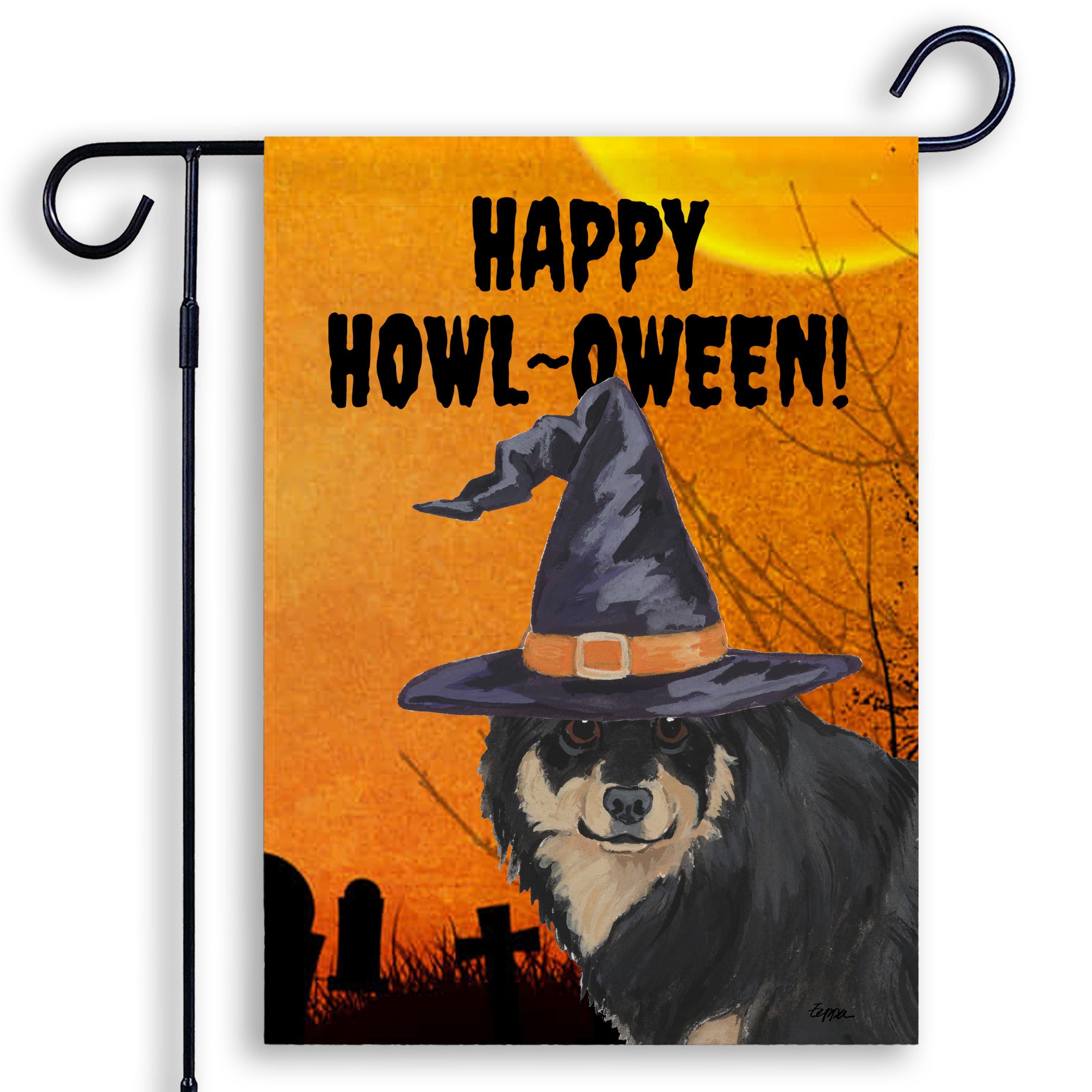 Halloween-themed garden flag with a Finnish Lapphund wearing a witch hat and 'Happy Howl-O-Ween!' text.