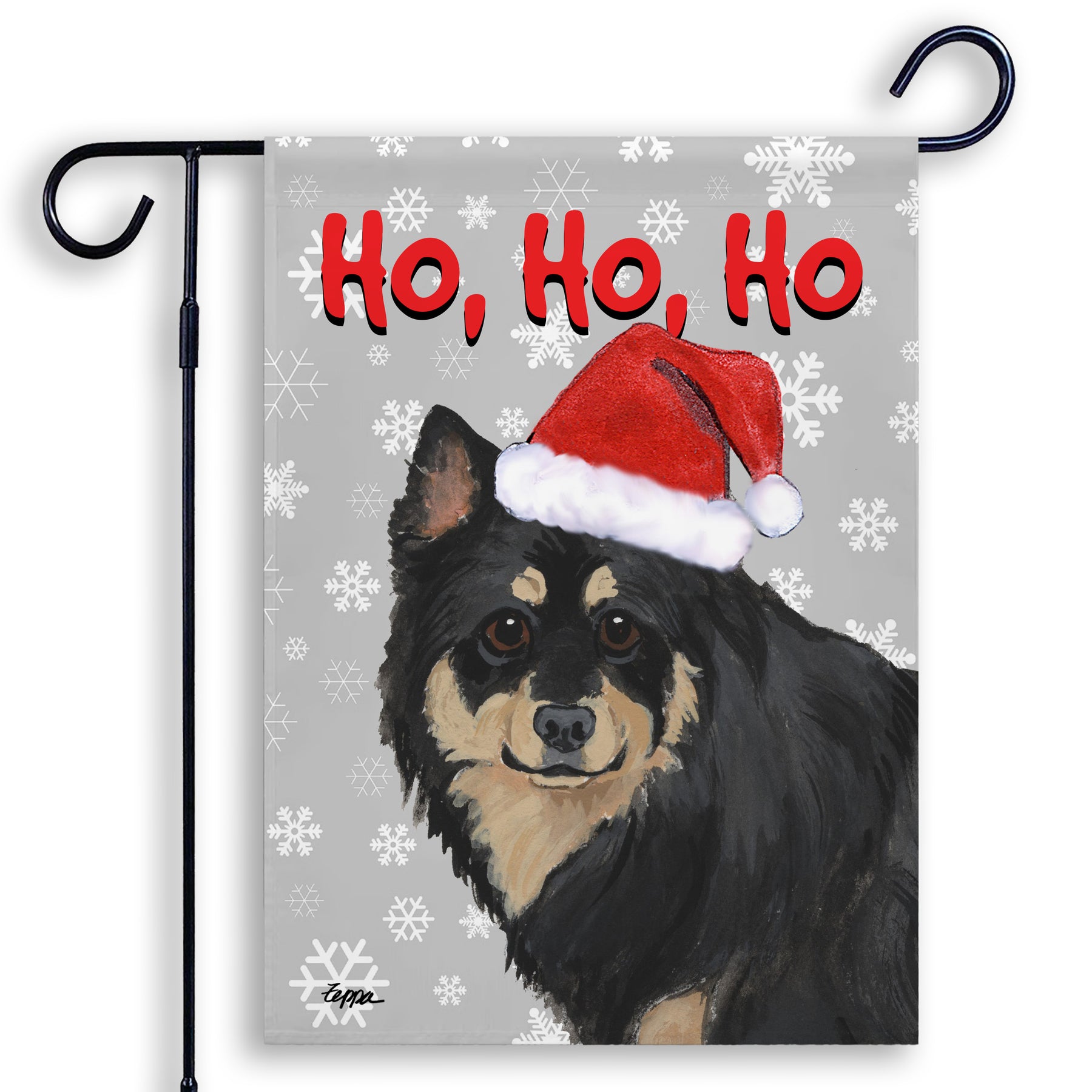 Christmas-themed garden flag with a Finnish Lapphund wearing a Santa hat and 'Ho, Ho, Ho' text on a gray background with snowflakes.