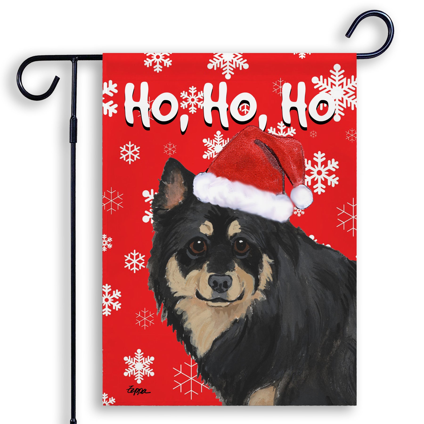 Christmas-themed garden flag with a Finnish Lapphund wearing a Santa hat and 'Ho, Ho, Ho' text on a red background with snowflakes.