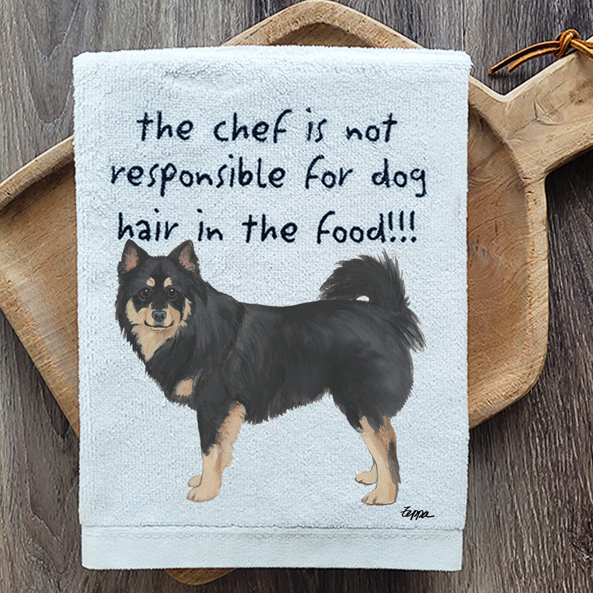 Finnish Lapphund kitchen towel with funny text.