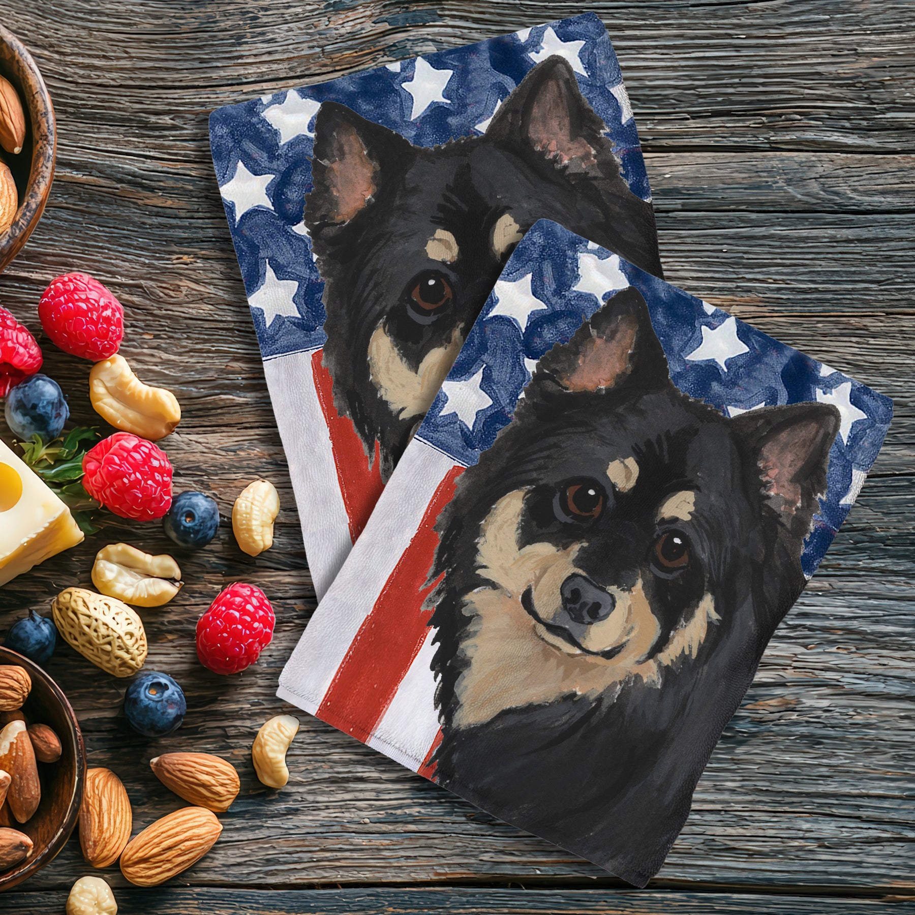 Finnish Lapphund on an American Flag background kithen towel set of 2.