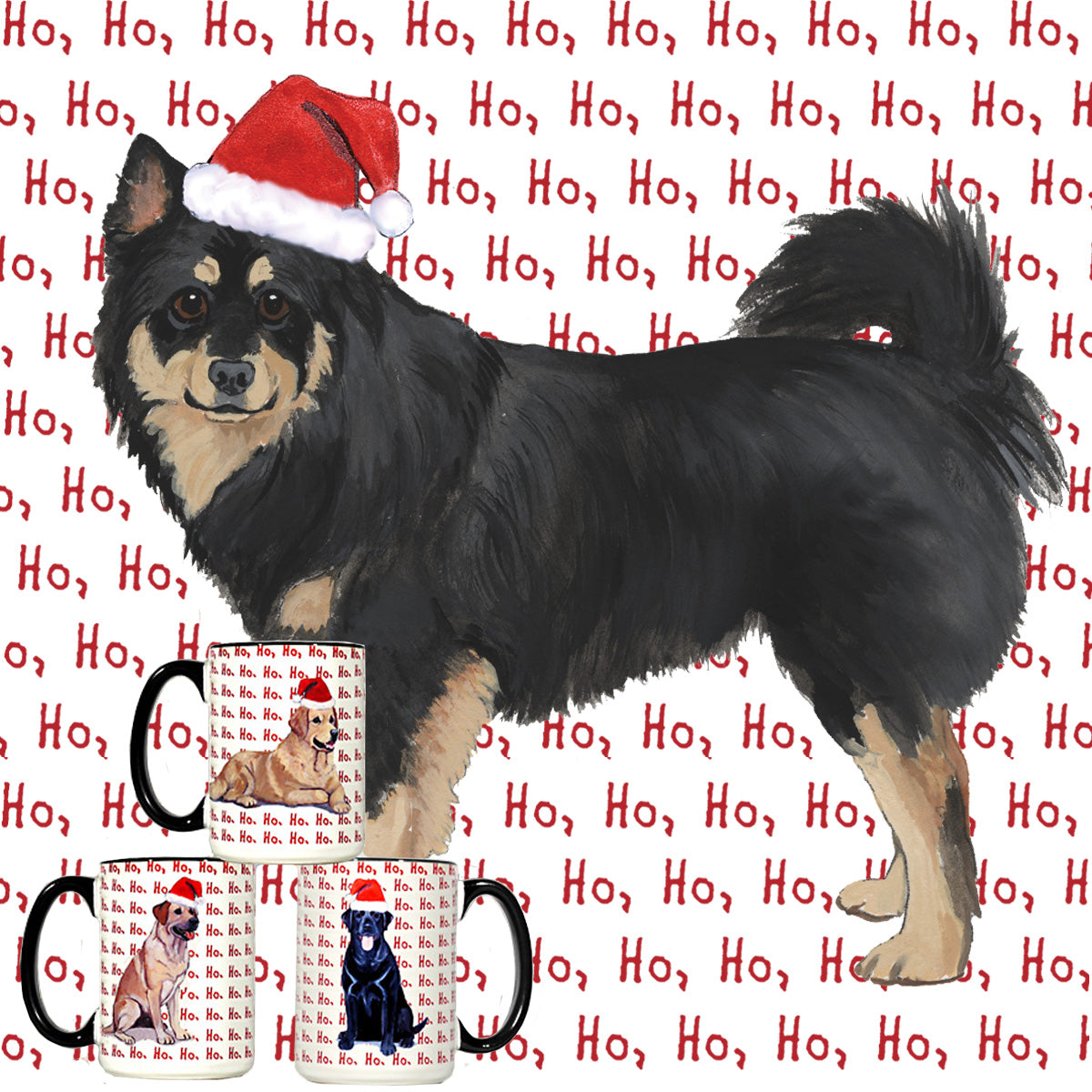 Finnish Lapphund wearing a Santa hat on a mug with a 'Ho ho ho'  repeating text background.