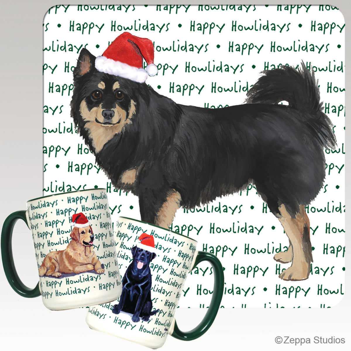 Finnish Lapphund wearing a Santa hat on a mug with a 'Happy Howlidays'  repeating text background.